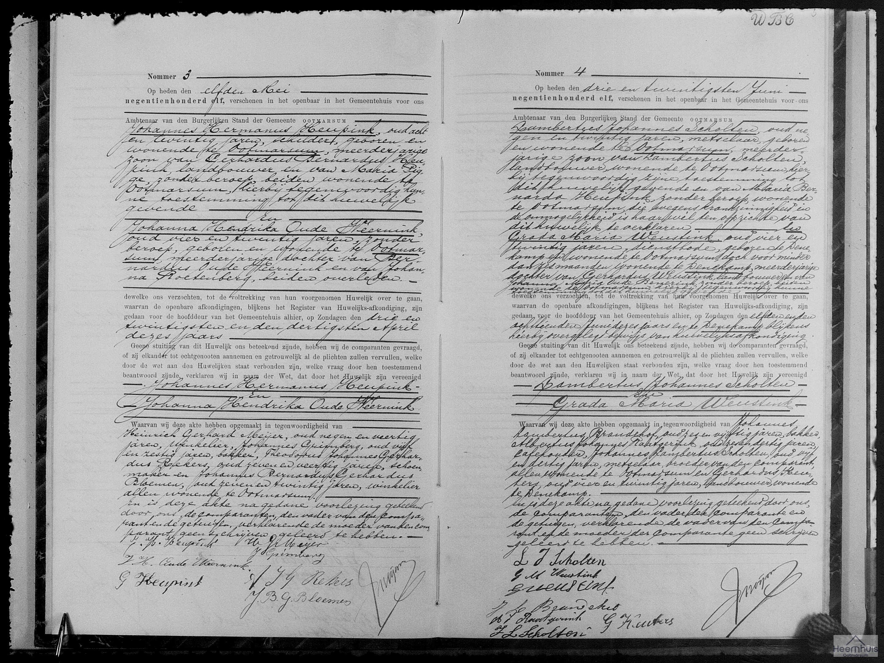 Huwelijksakte van Johannes Hermanus Heupink en Johanna Hendrika Oude Weernink