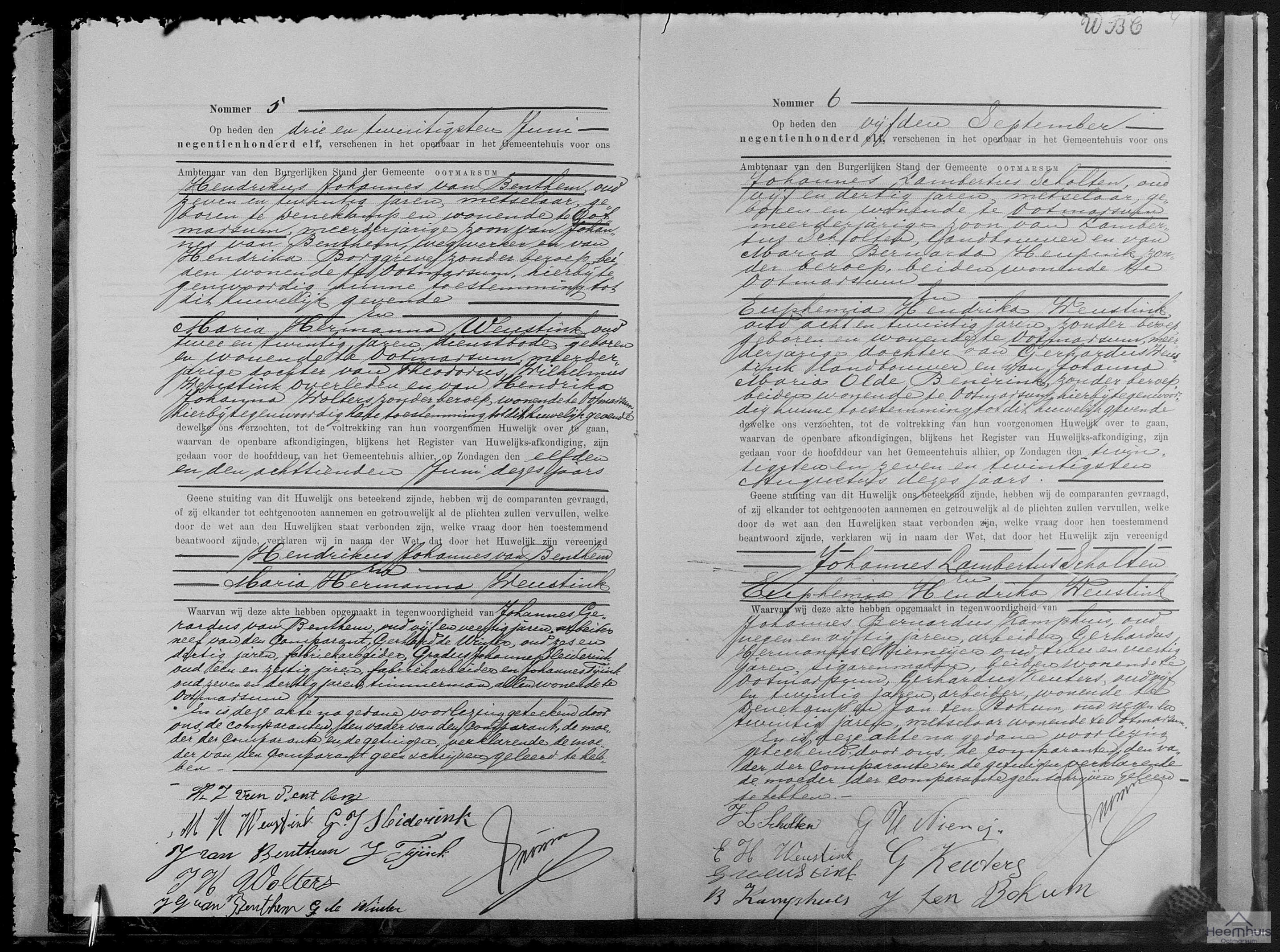 Huwelijksakte van Hendrikus Johannes van Benthem en Maria Hermanna Weustink