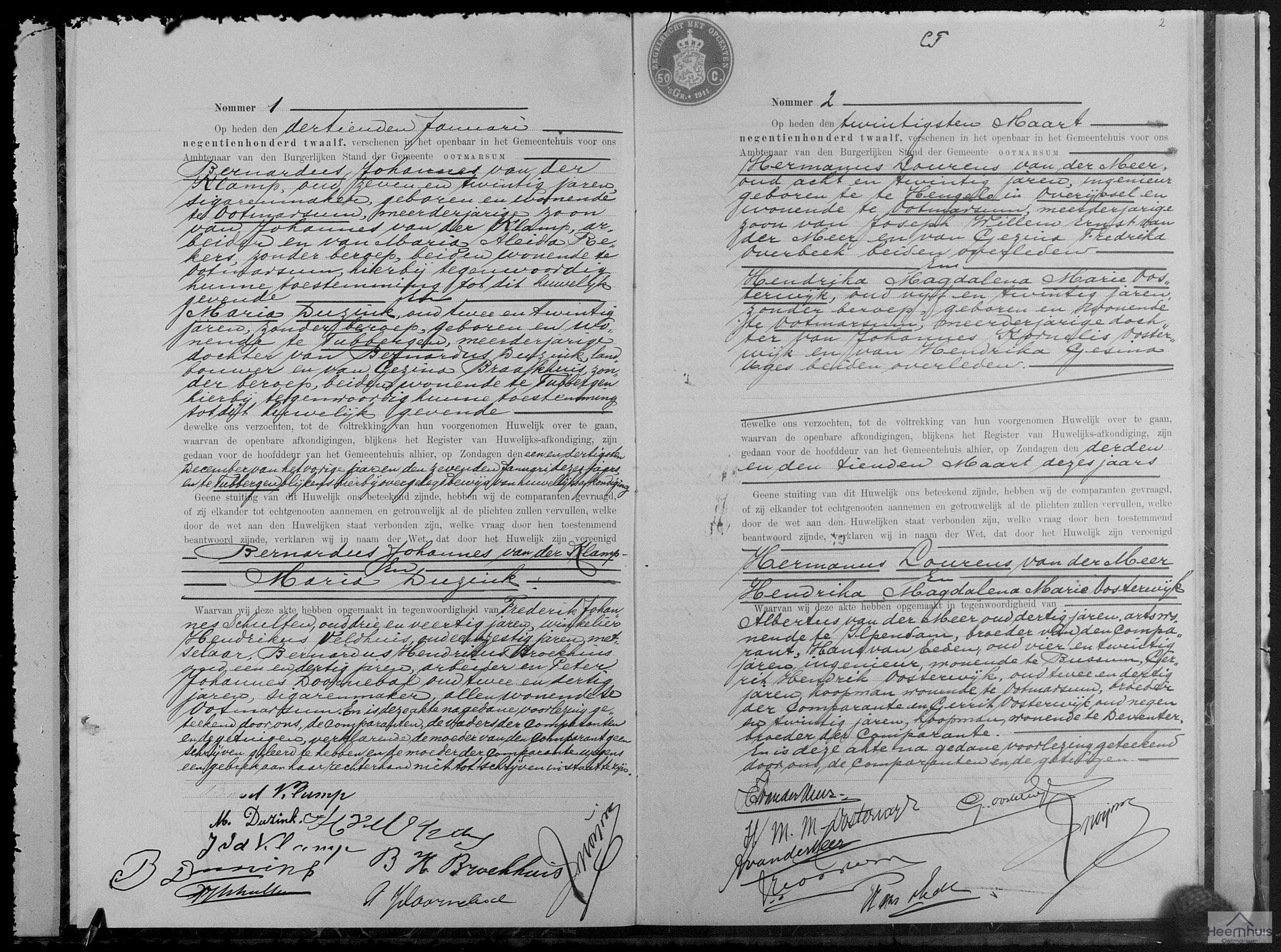 Huwelijksakte van Hermanus Lourens van der Meer en Hendrika Magdalena Maria Oosterwijk