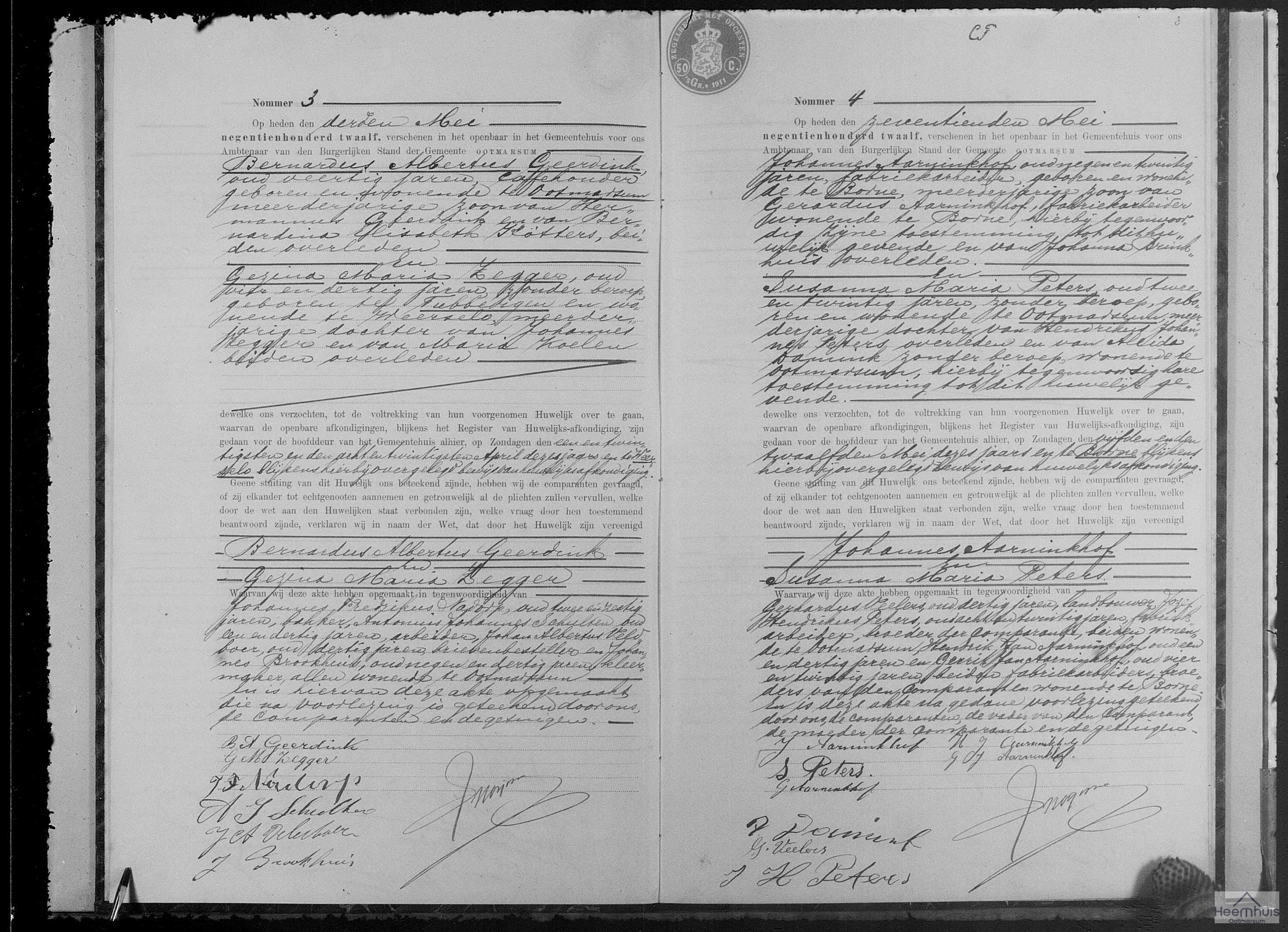 Huwelijksakte van Johannes Aarninkhof en Susanna Maria Peters