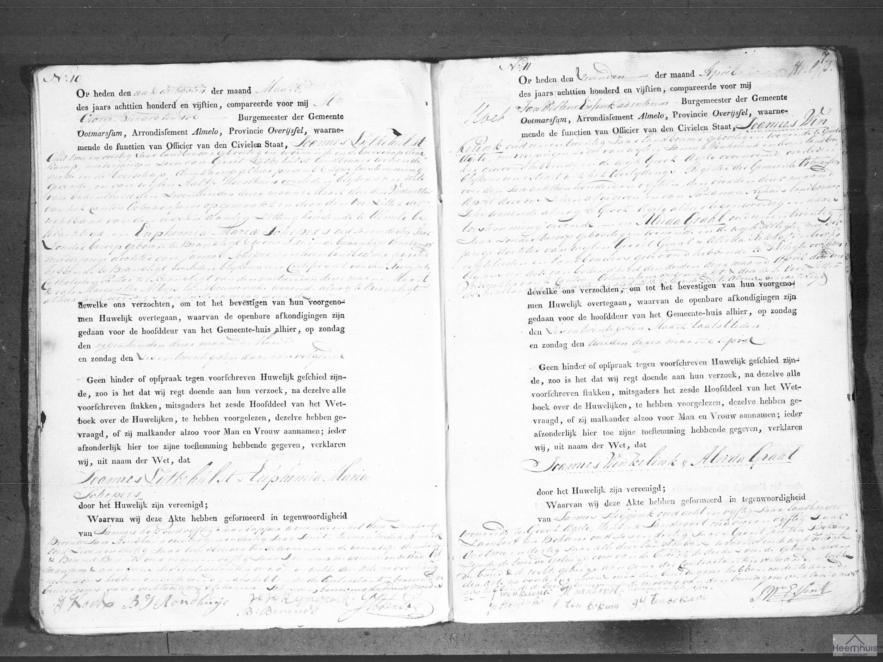 Huwelijksakte van Joannes Winkelink en Aleida Graal