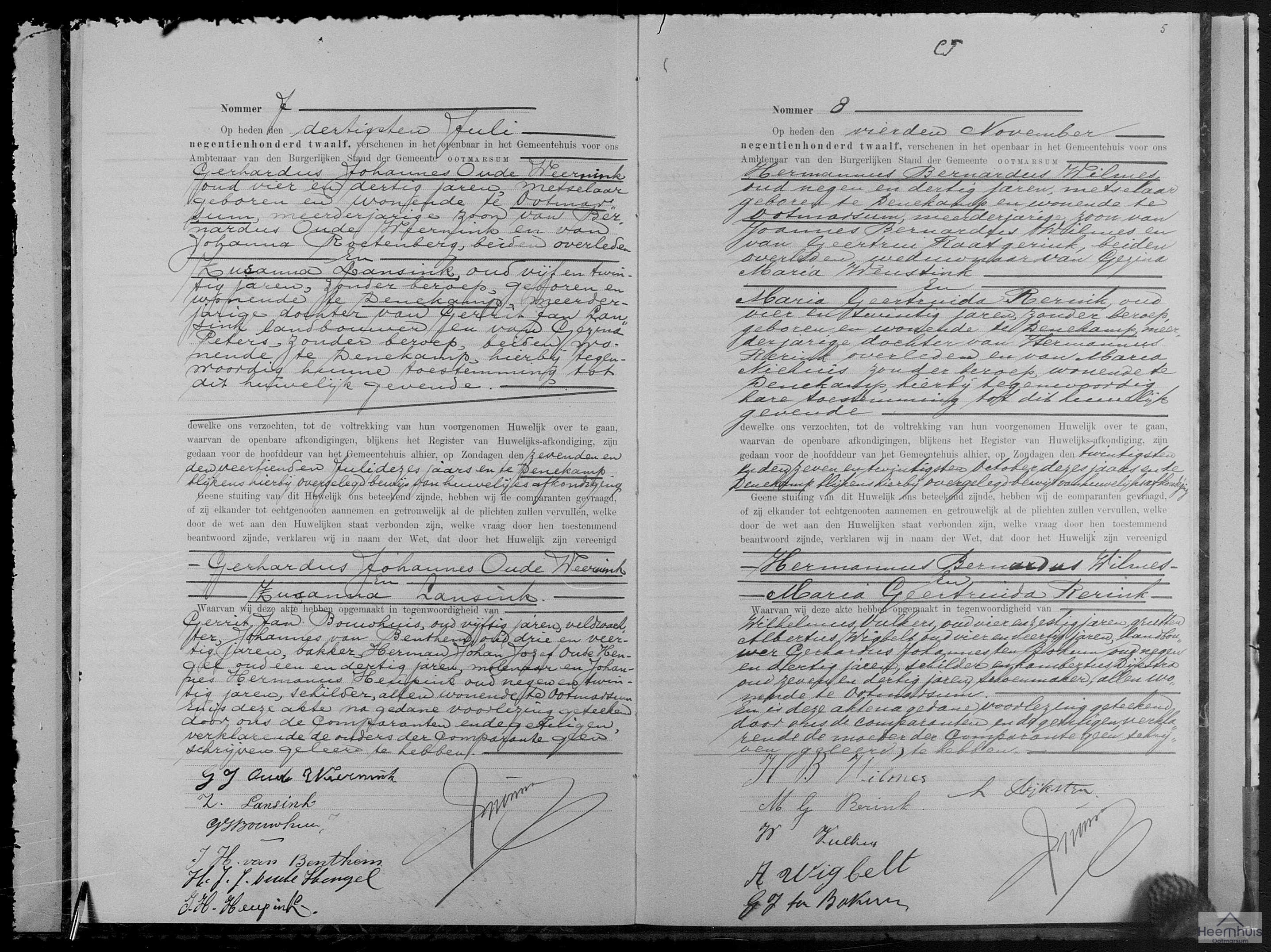 Huwelijksakte van Hermannus Bernardus Wilmes en Maria Geertruida Rerink