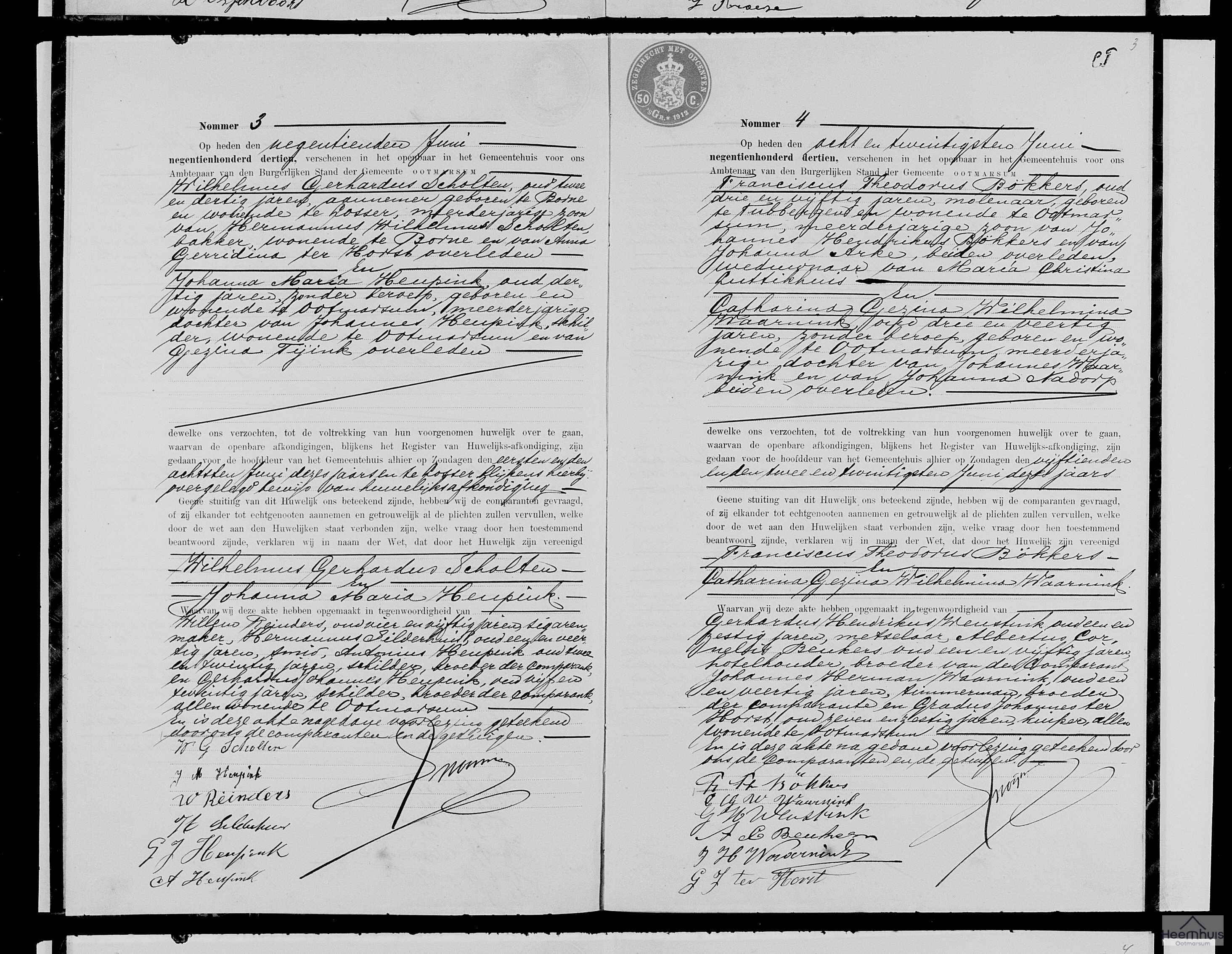 Huwelijksakte van Franciscus Theodorus Bökkers en Catharina Gezina Wilhelmina Waarnink