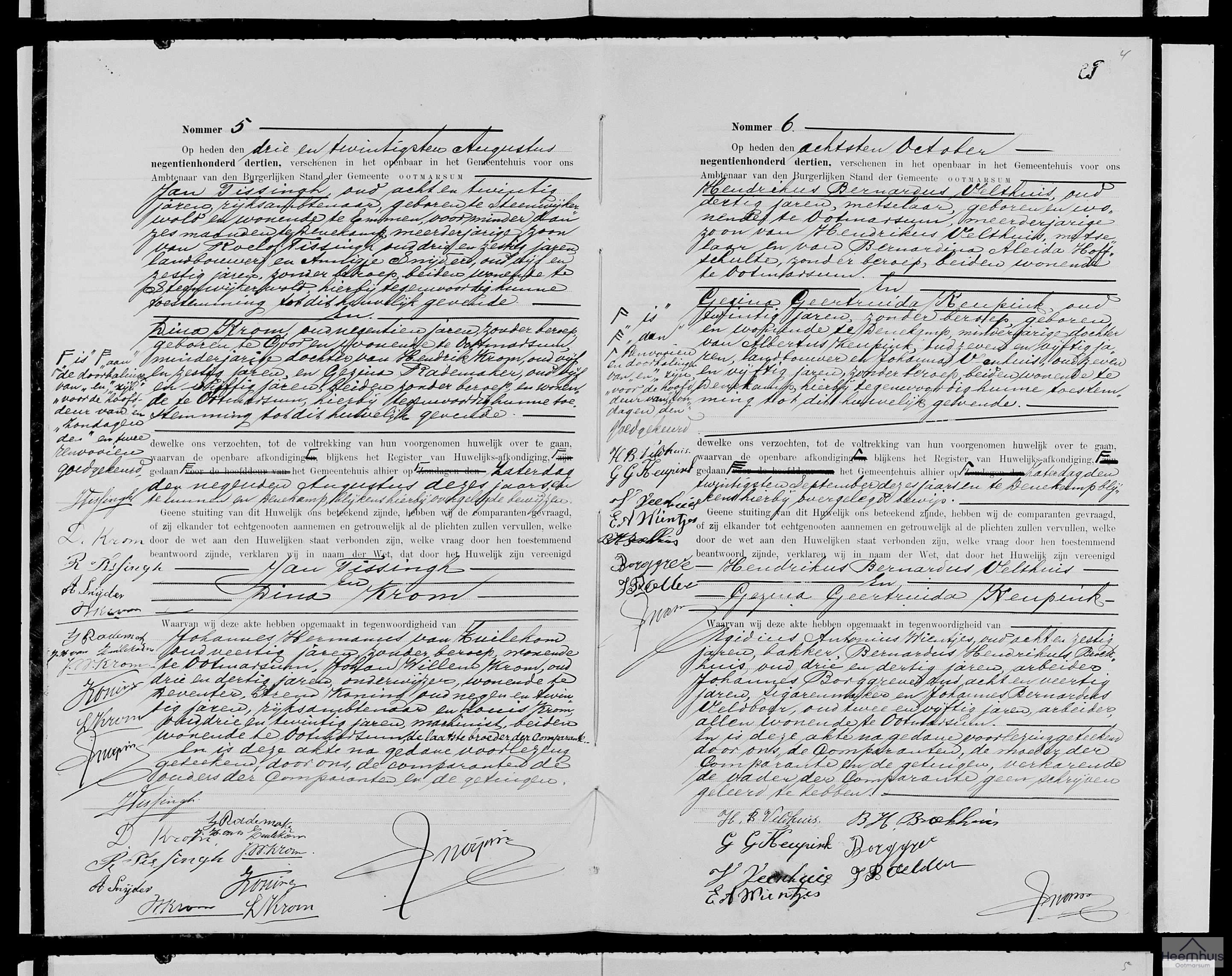 Huwelijksakte van Jan Tissingh en Dina Krom