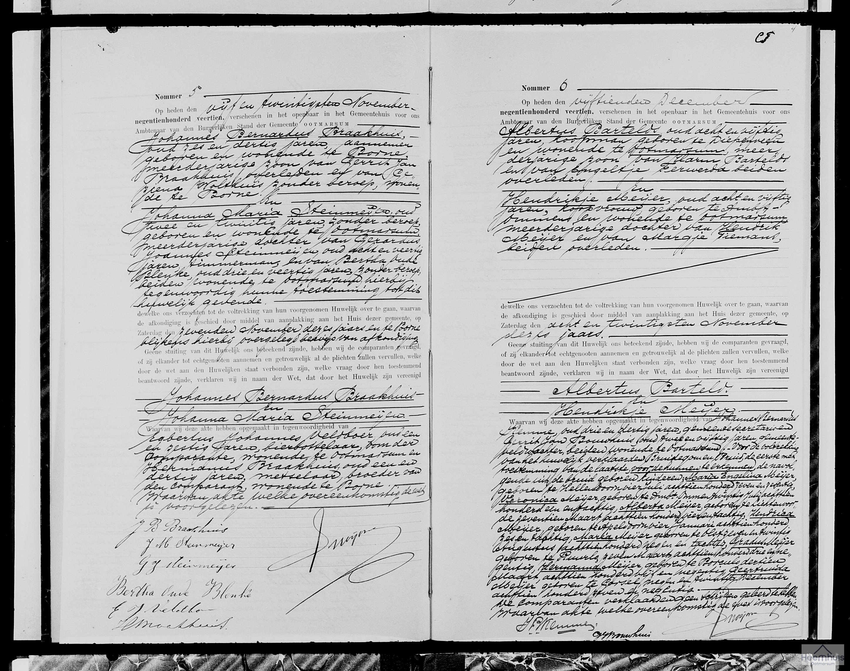 Huwelijksakte van Johannes Bernardus Braakhuis en Johanna Maria Steinmeijer