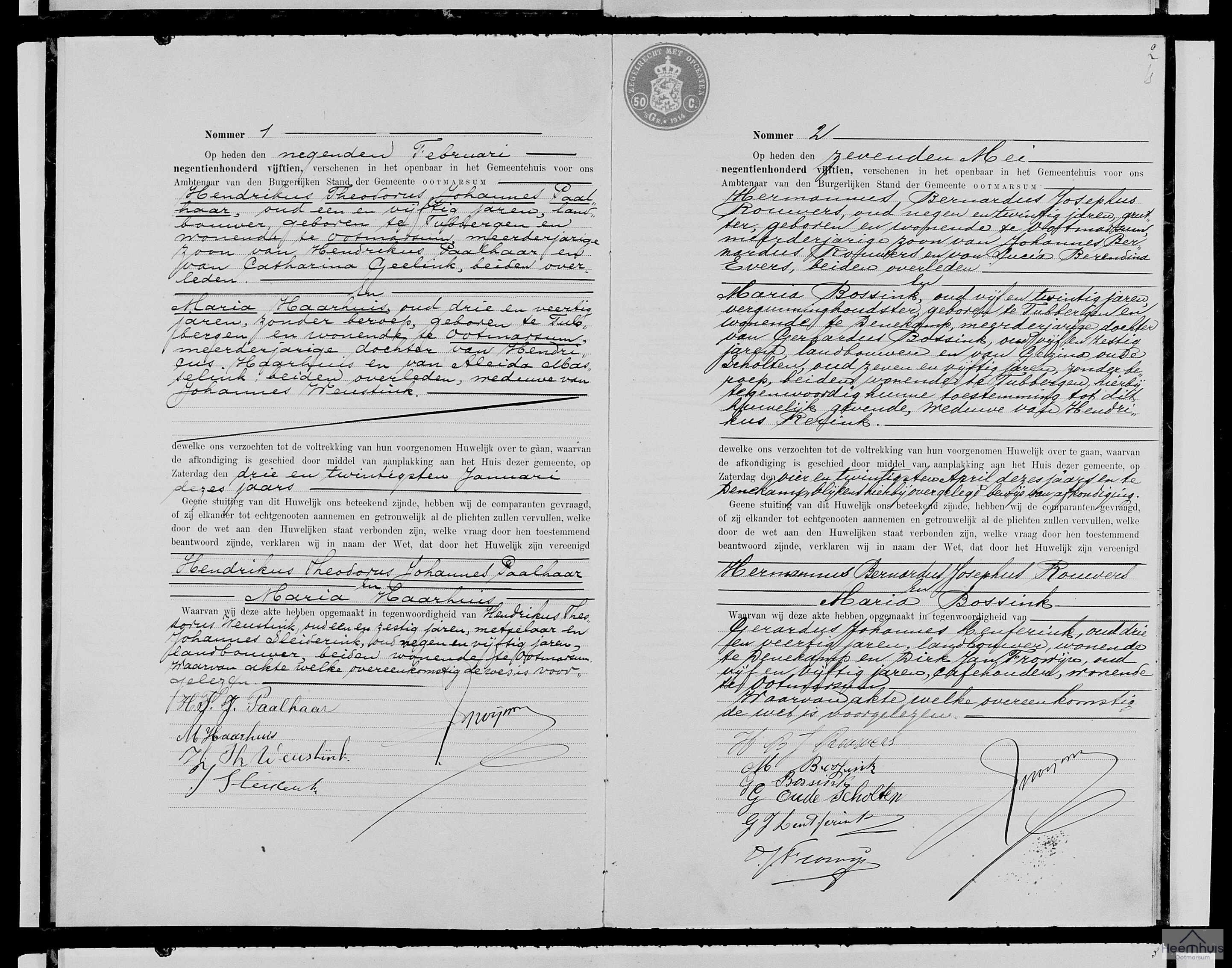 Huwelijksakte van Hermannus Bernardus Josephus Rouwers en Maria Bossink
