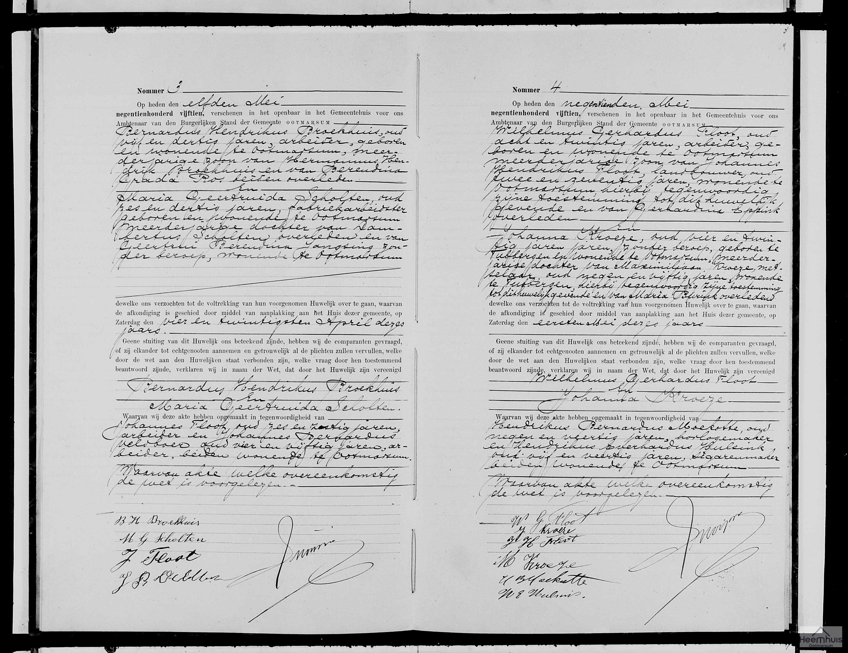 Huwelijksakte van Wilhelmus Gerhardus Floot en Johanna Kroeze