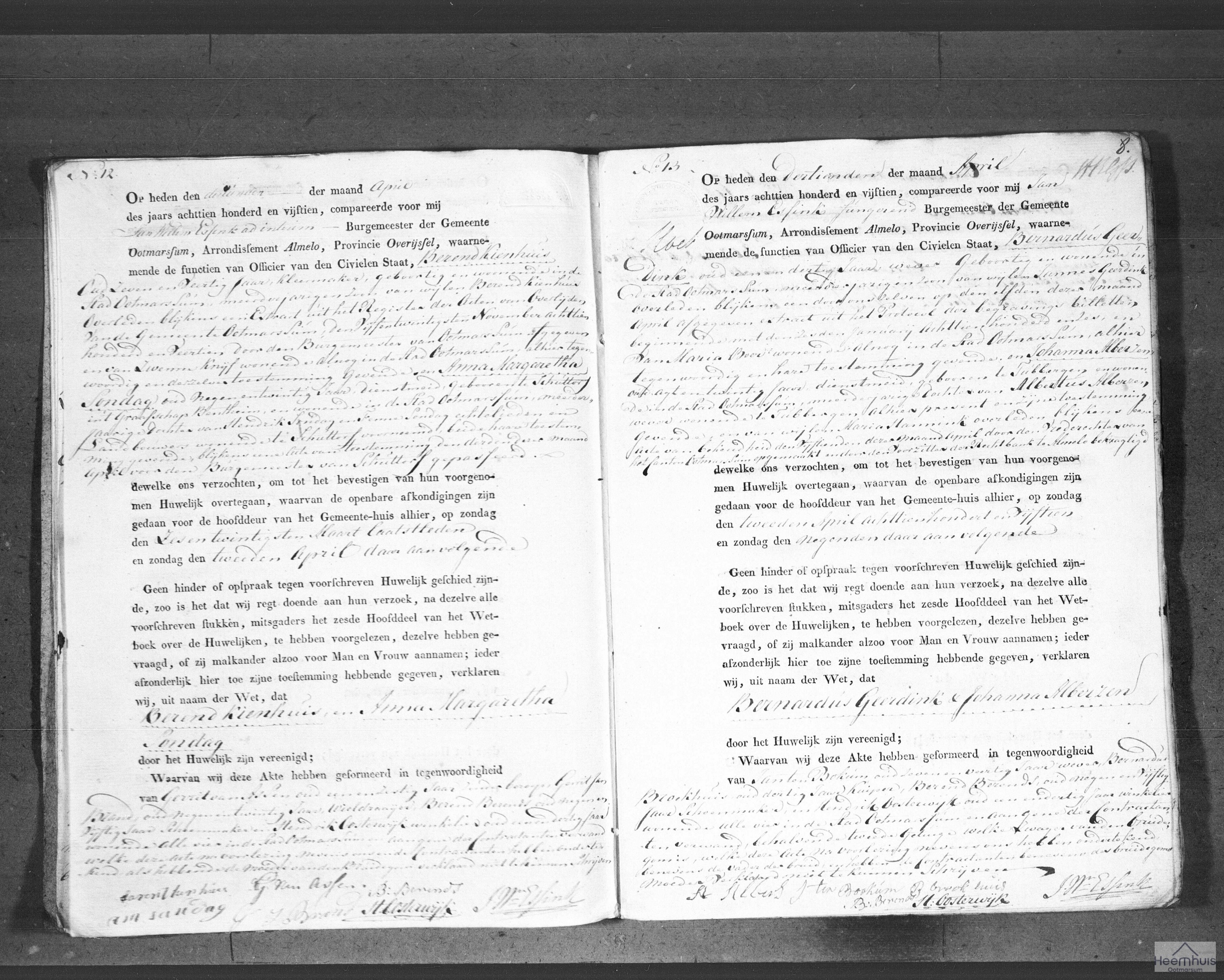 Huwelijksakte van Bernardus Geerdink en Johanna Alberzen