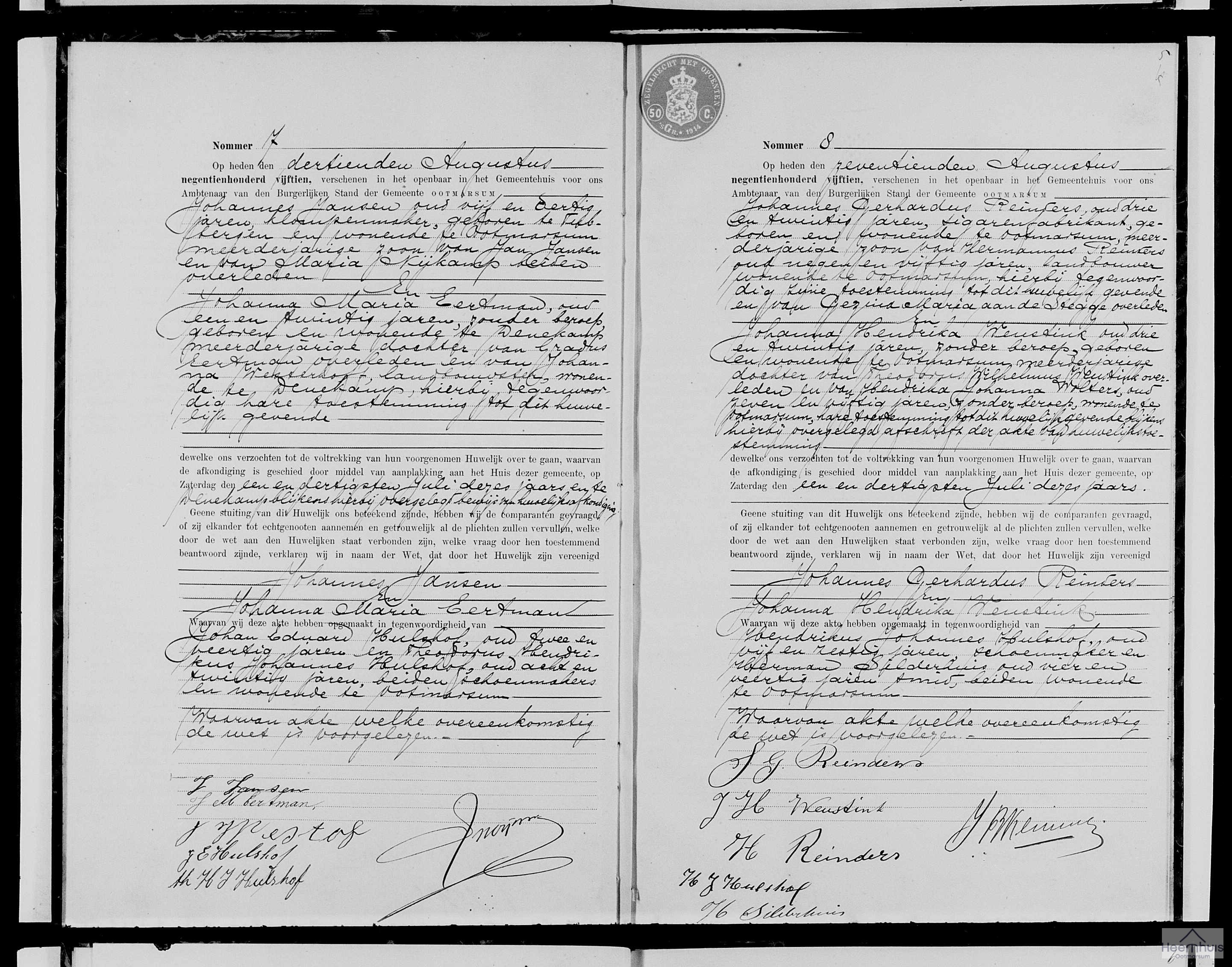 Huwelijksakte van Johannes Gerhardus Reinders en Johanna Hendrika Weustink Huwelijksakte van Johannes Gerhardus Reinders en Johanna Hendrika Weustink