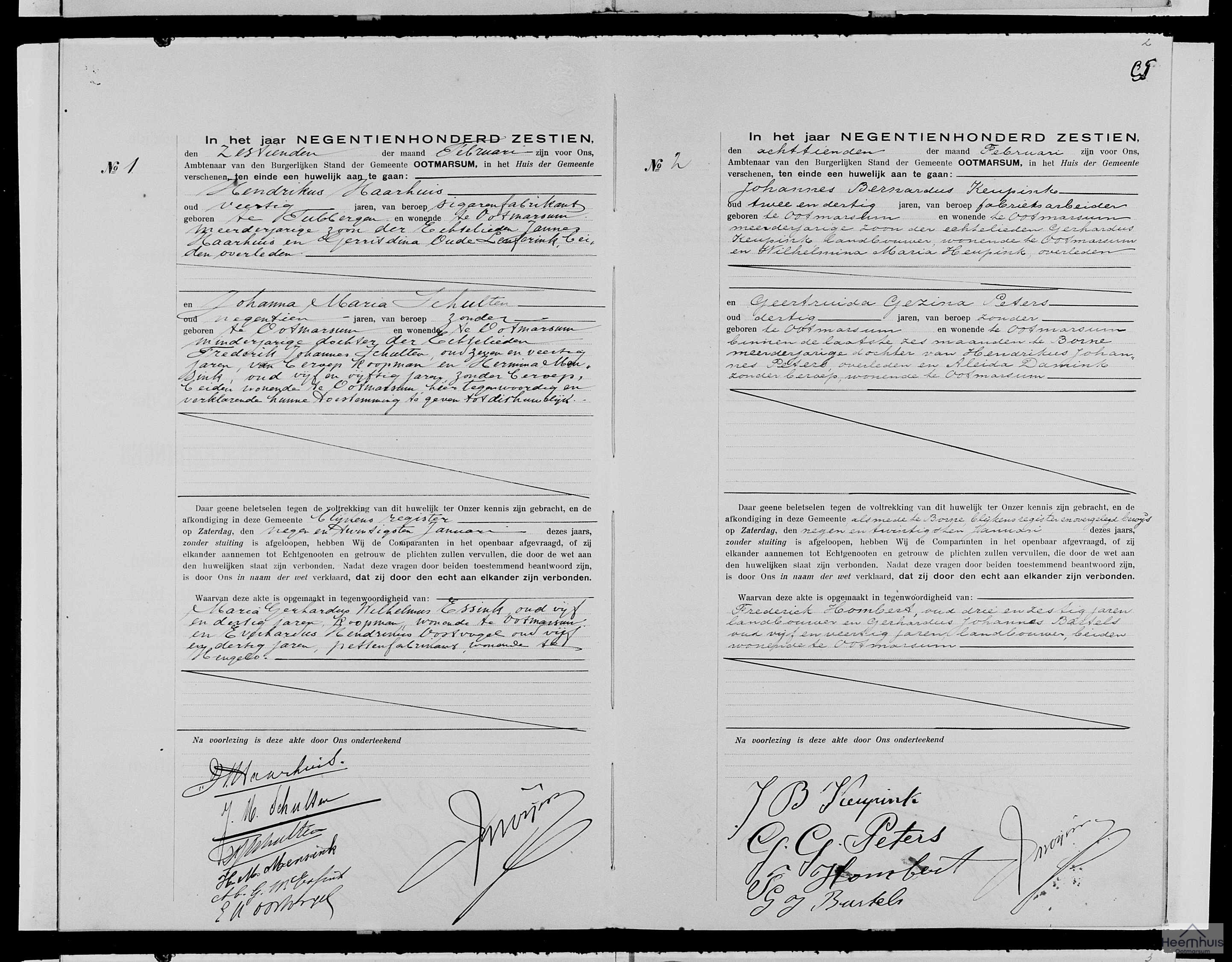 Huwelijksakte van Johannes Bernardus Keupink en Geertruida Gezina Peters