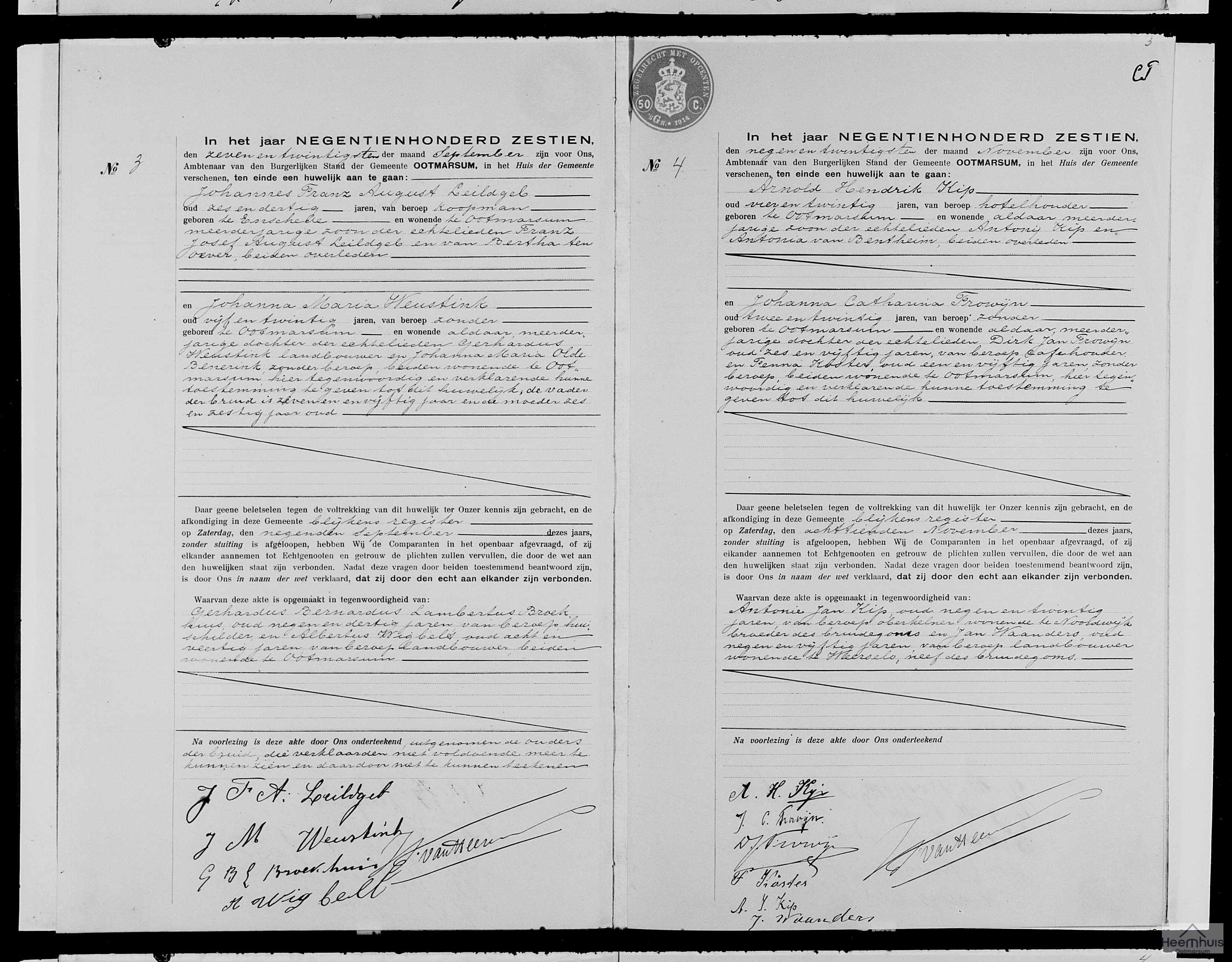 Huwelijksakte van Johannes Franz August Leildgeb en Johanna Maria Weustink