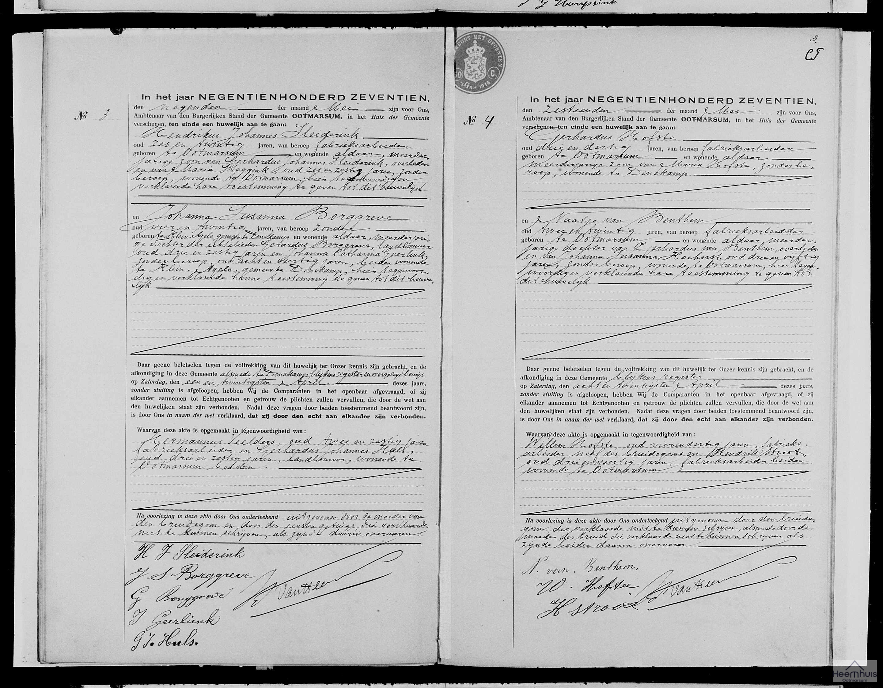 Huwelijksakte van Gerhardus Hofste en Naatje van Benthem