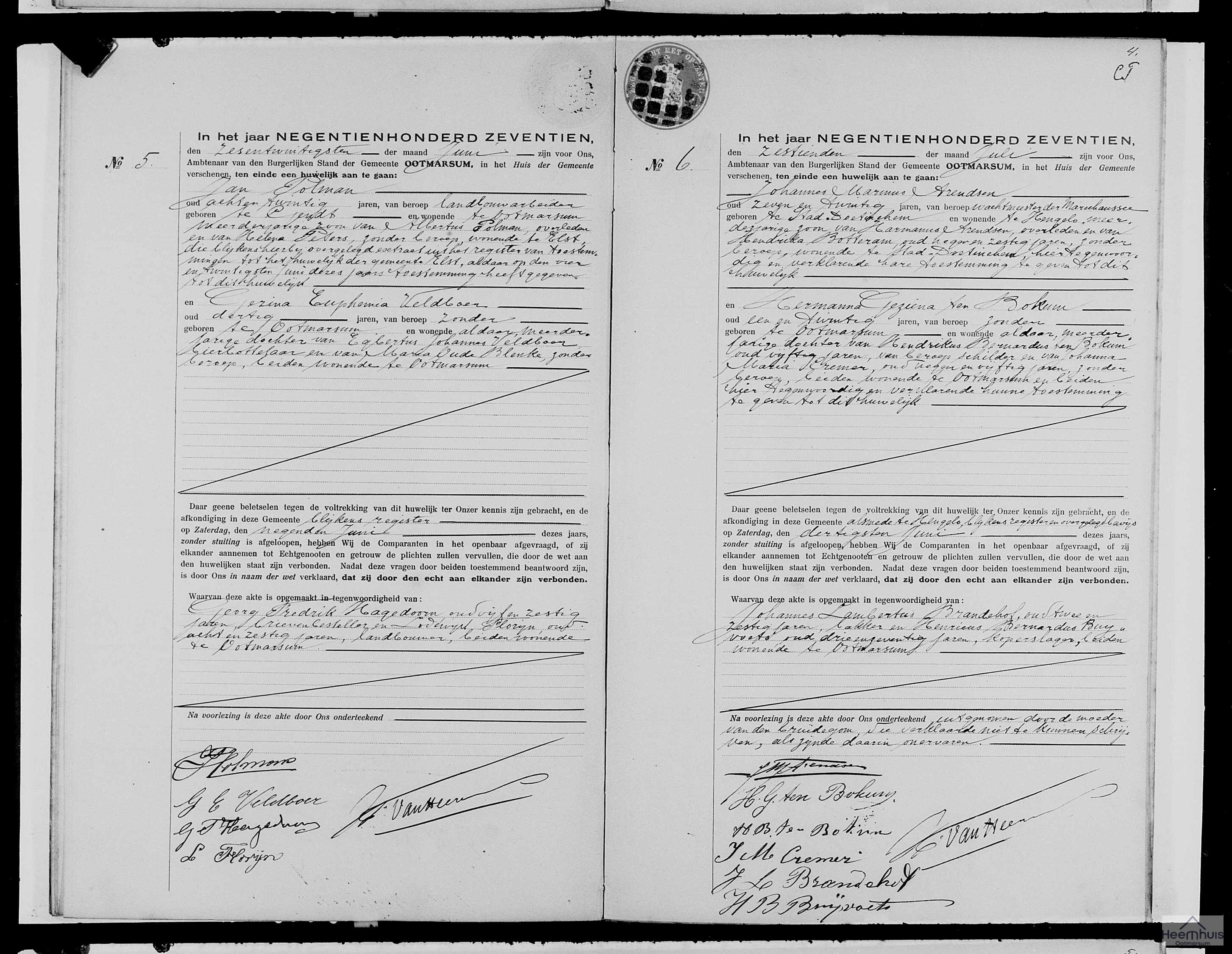 Huwelijksakte van Johannes Marinus Arendsen en Hermanna Geziena ten Bokum
