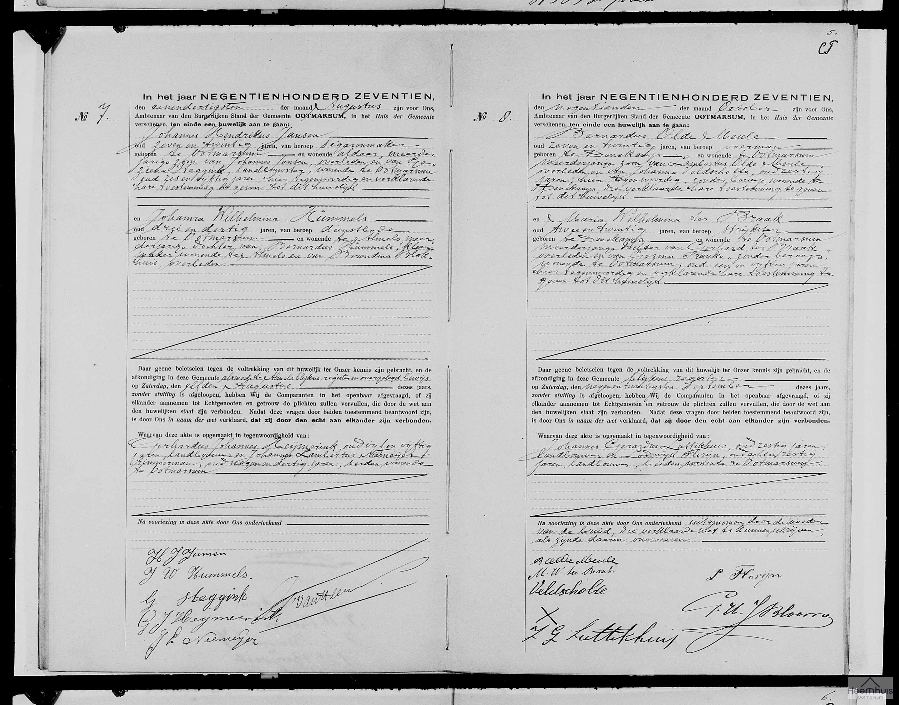 Huwelijksakte van Johannes Hendrikus Jansen en Johanna Wilhelmina Hümmels