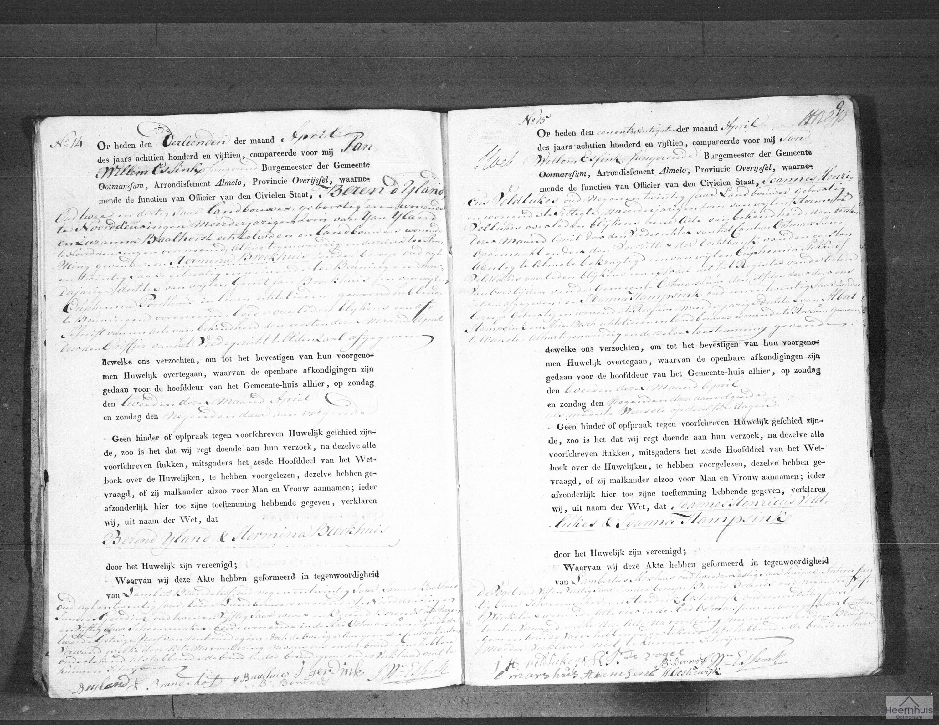 Huwelijksakte van Berend IJland en Hermina Brookhuis Huwelijksakte van Berend IJland en Hermina Brookhuis