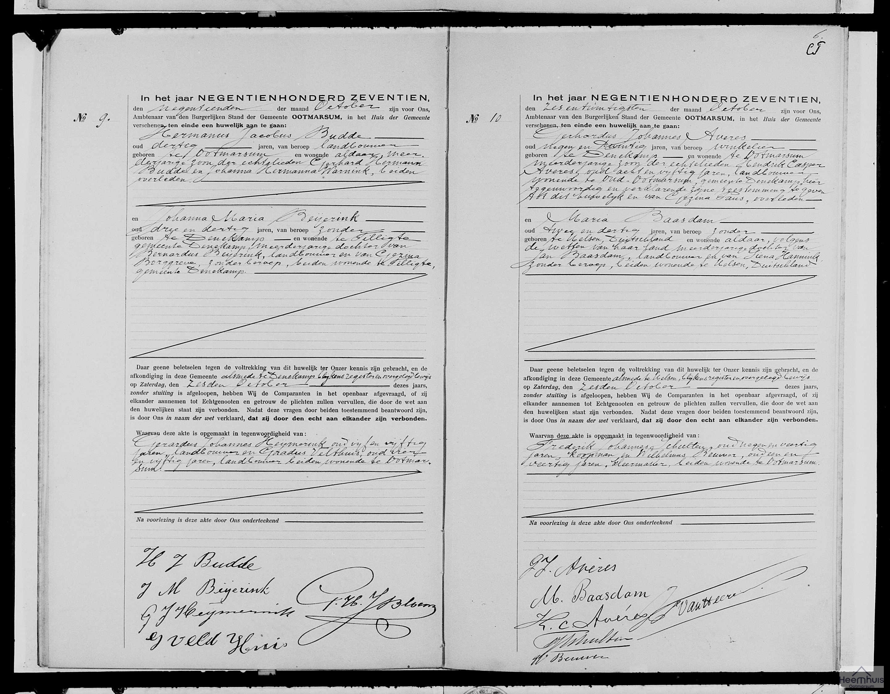 Huwelijksakte van Gerhardus Johannes Averes en Maria Baasdam