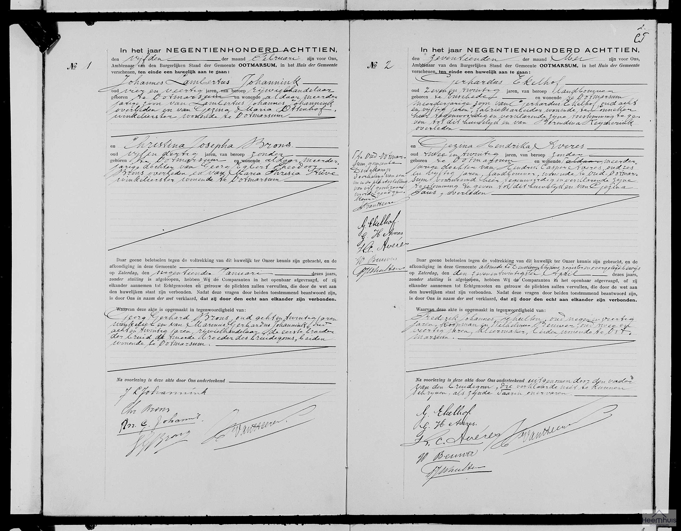 Huwelijksakte van Gerhardus Ekelhof en Gezina Hendrika Averes