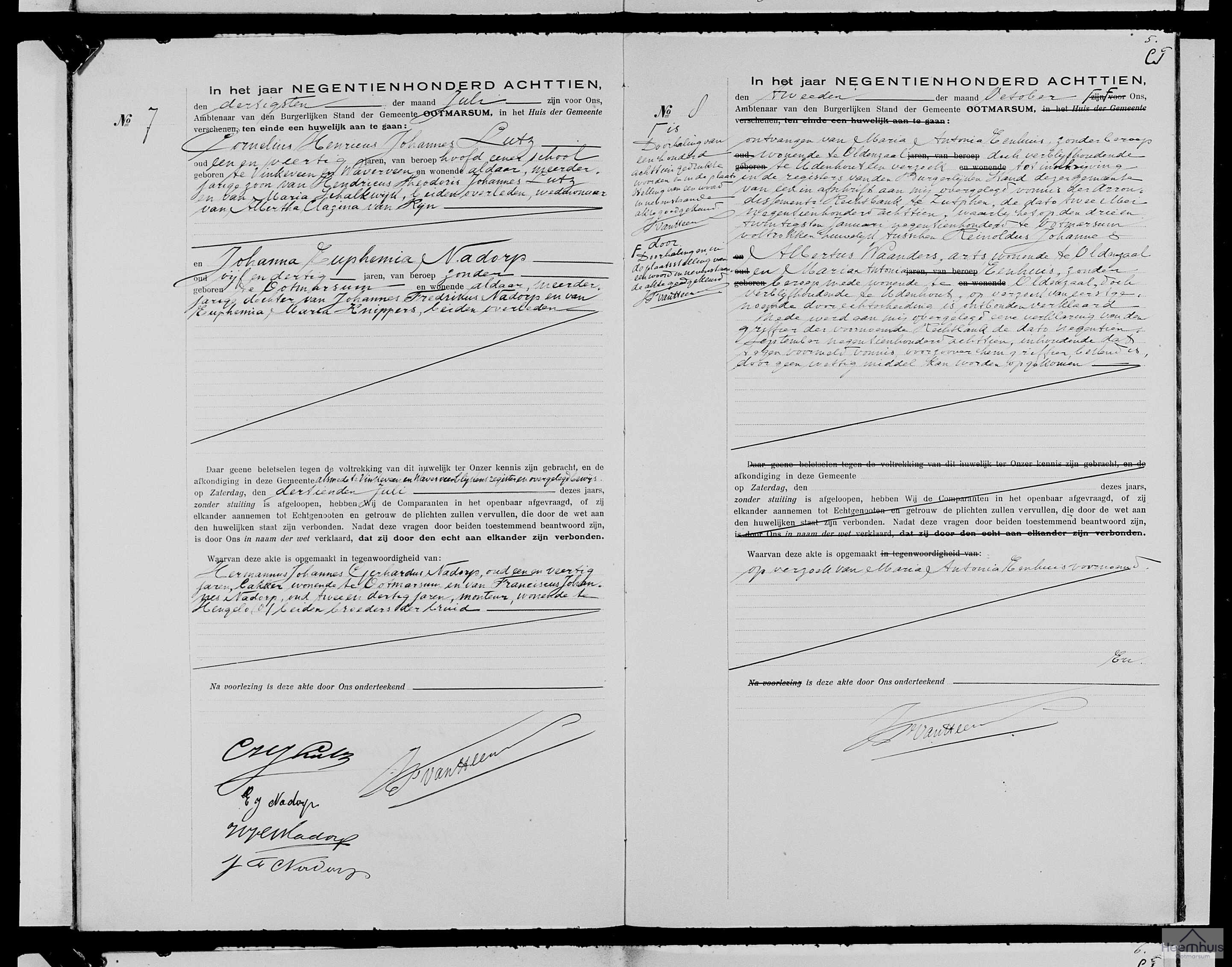 Huwelijksakte van Reinoldus Johannes Albertus Waanders en Maria Antonia Eenhuis Huwelijksakte van Reinoldus Johannes Albertus Waanders en Maria Antonia Eenhuis