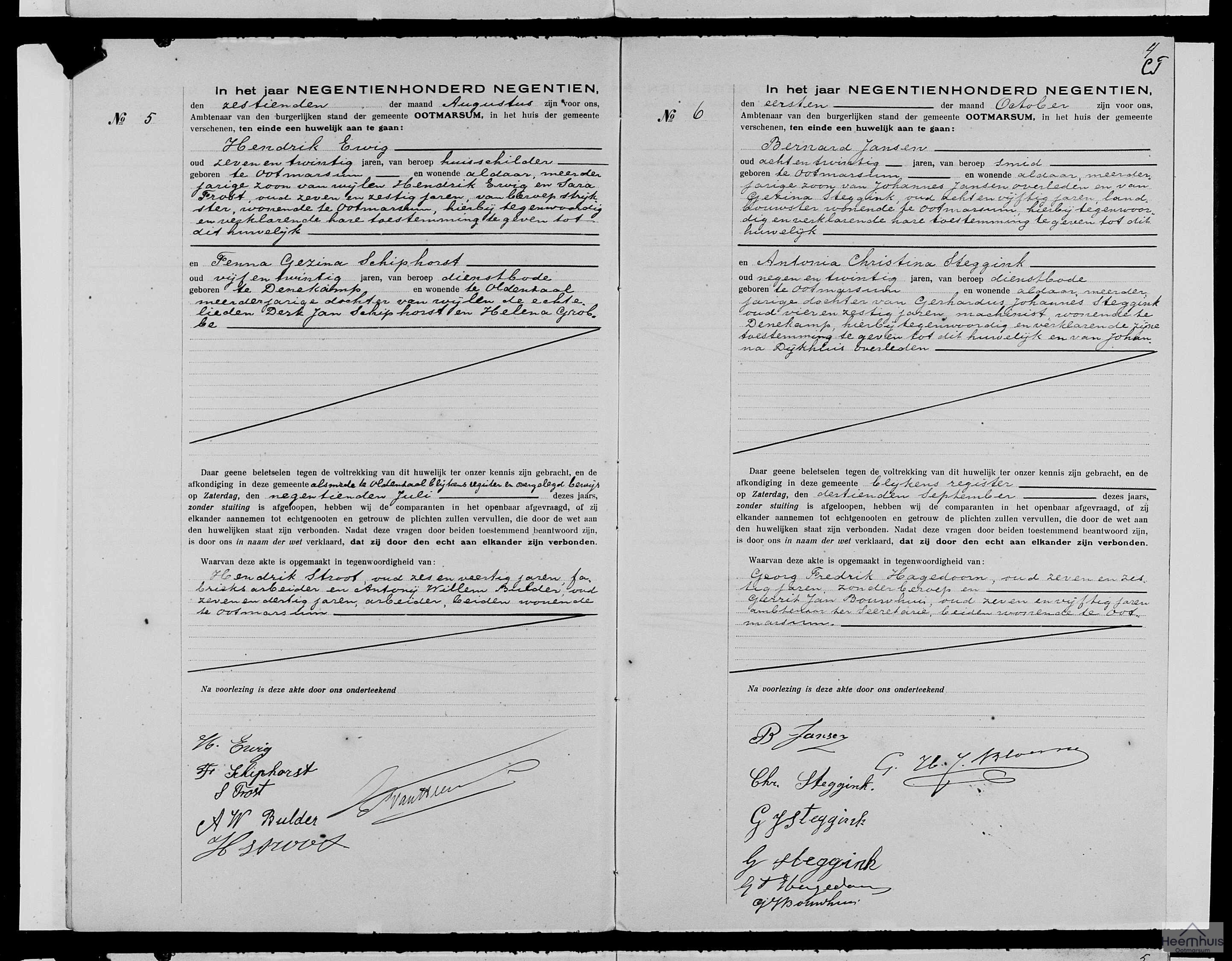 Huwelijksakte van Hendrik Ewig en Fenna Gezina Schiphorst