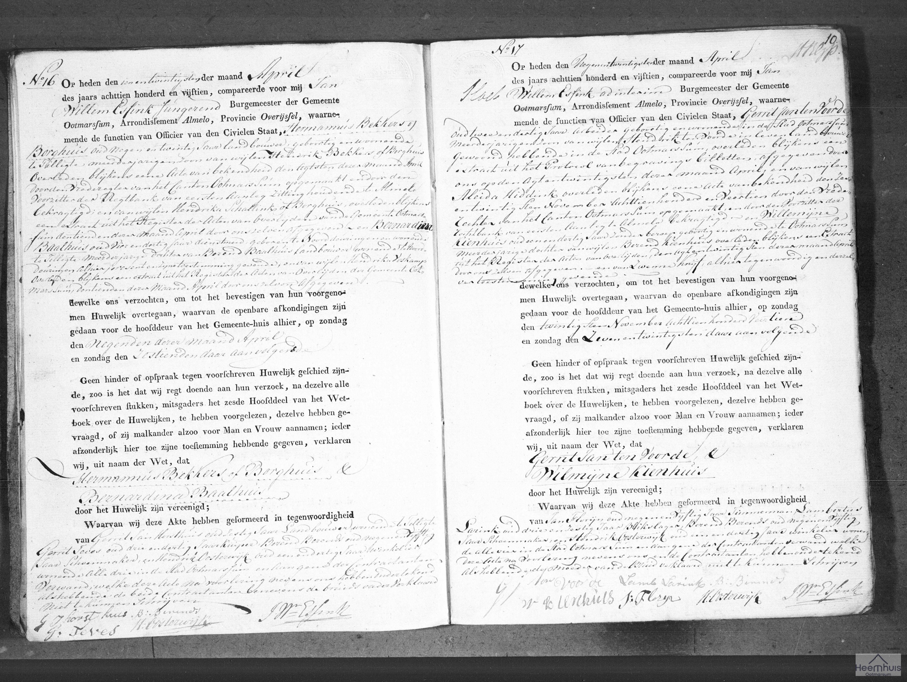 Huwelijksakte van Gerrit Jan ten Voorde en Willemijne Kienhuis