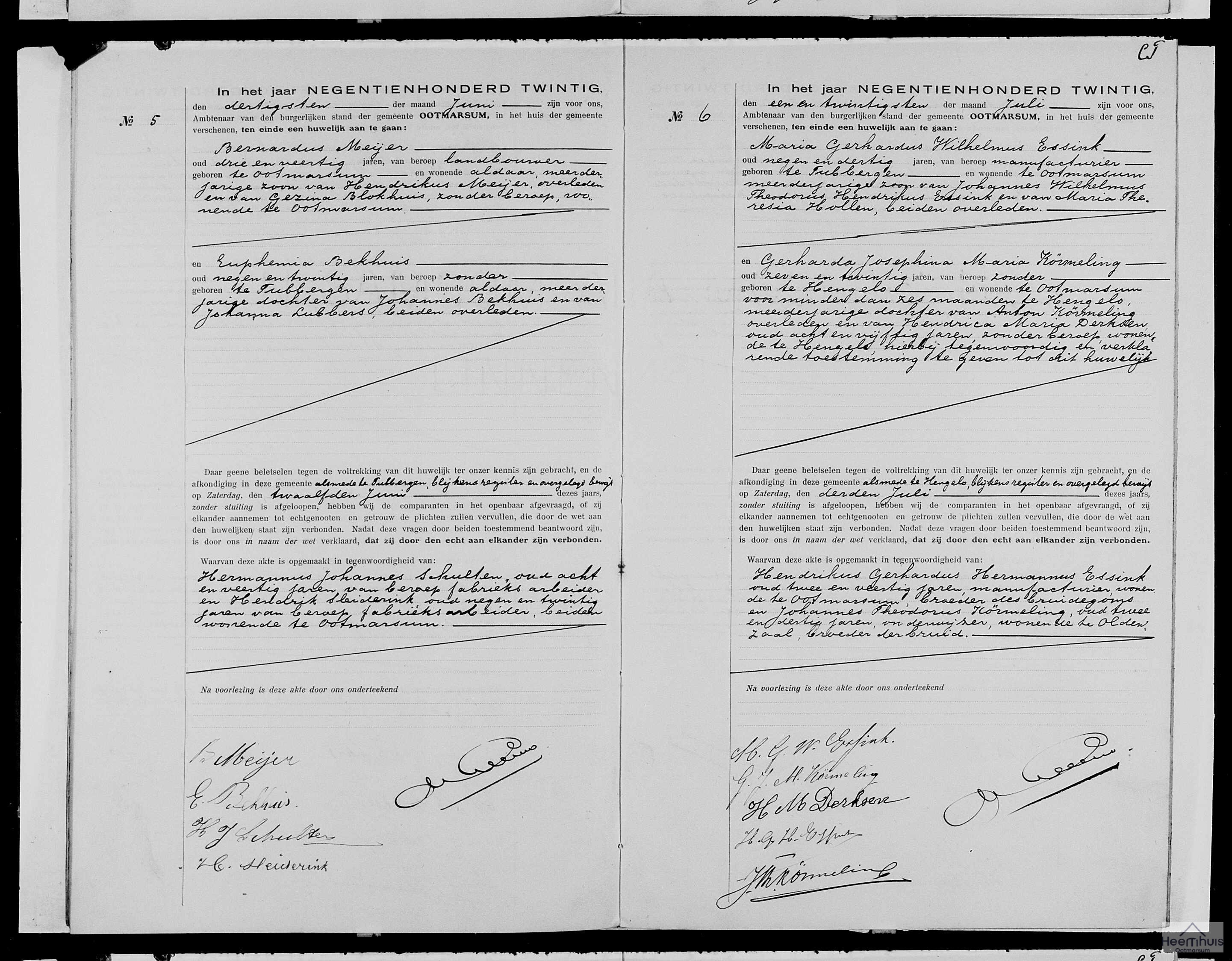 Huwelijksakte van Maria Gerhardus Wilhelmus Essink en Gerharda Josephina Maria Körmeling