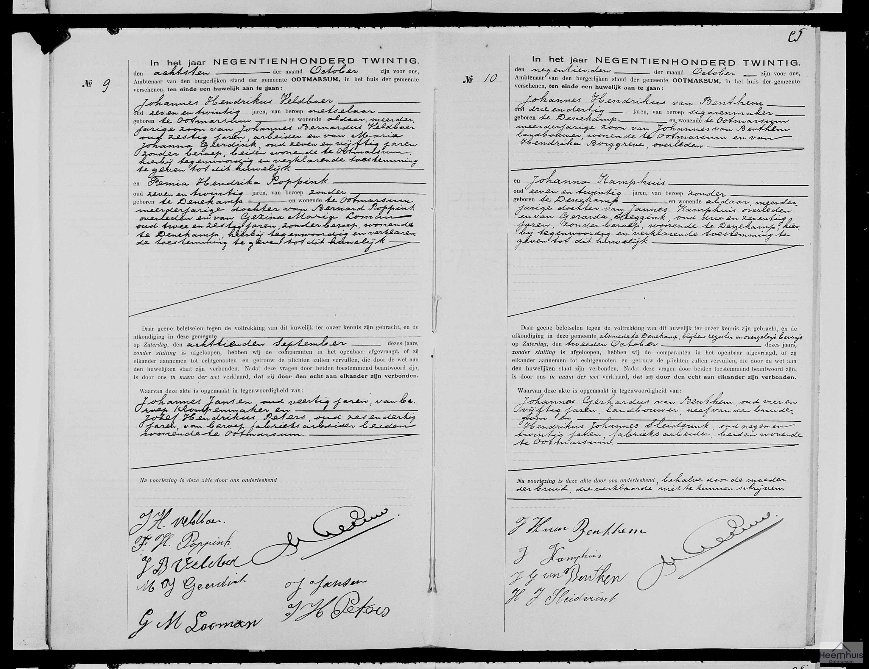 Huwelijksakte van Johannes Hendrikus van Benthem en Johanna Kamphuis