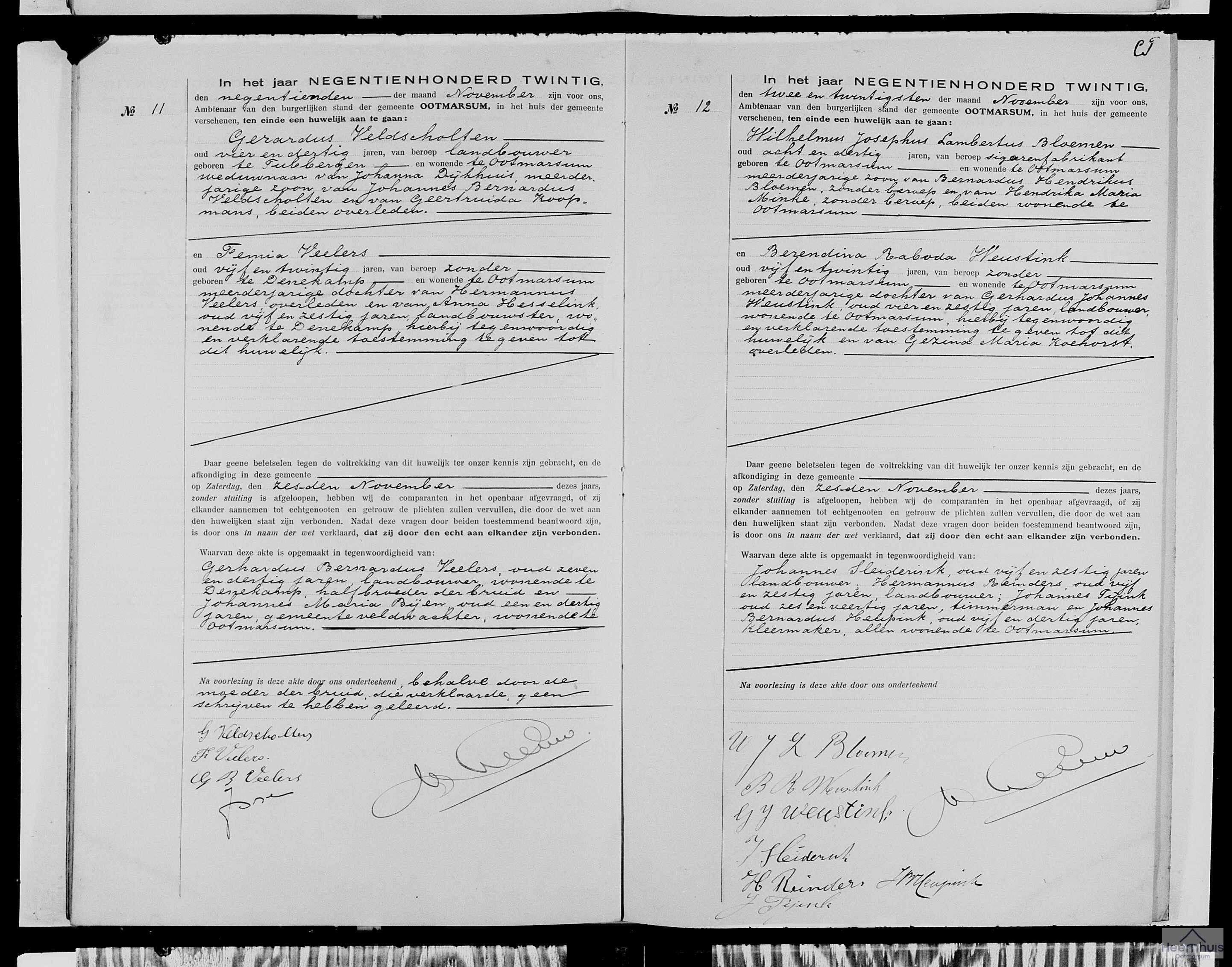 Huwelijksakte van Gerardus Veldscholten en Femia Veelers