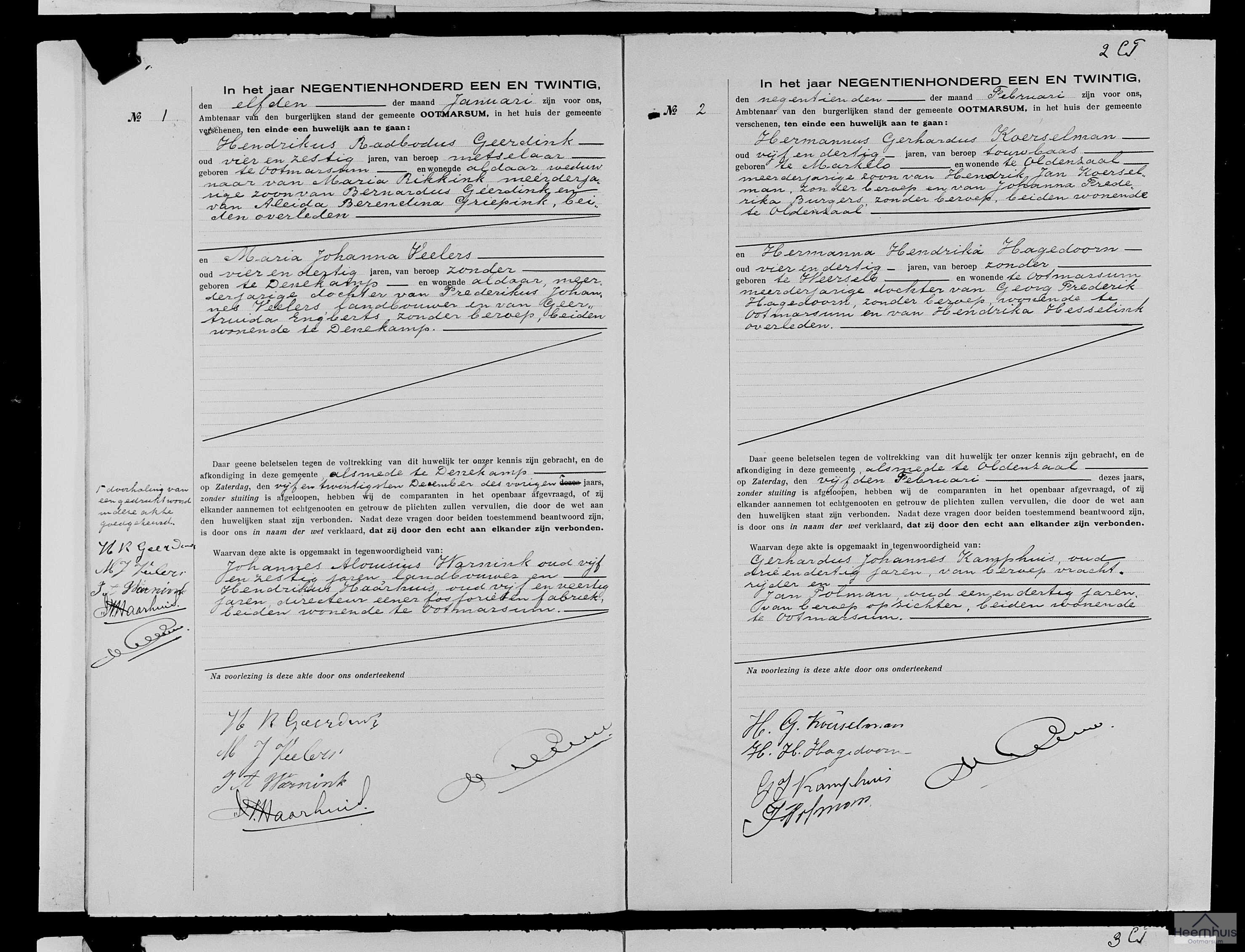 Huwelijksakte van Hendrikus Radbodus Geerdink en Maria Johanna Veelers