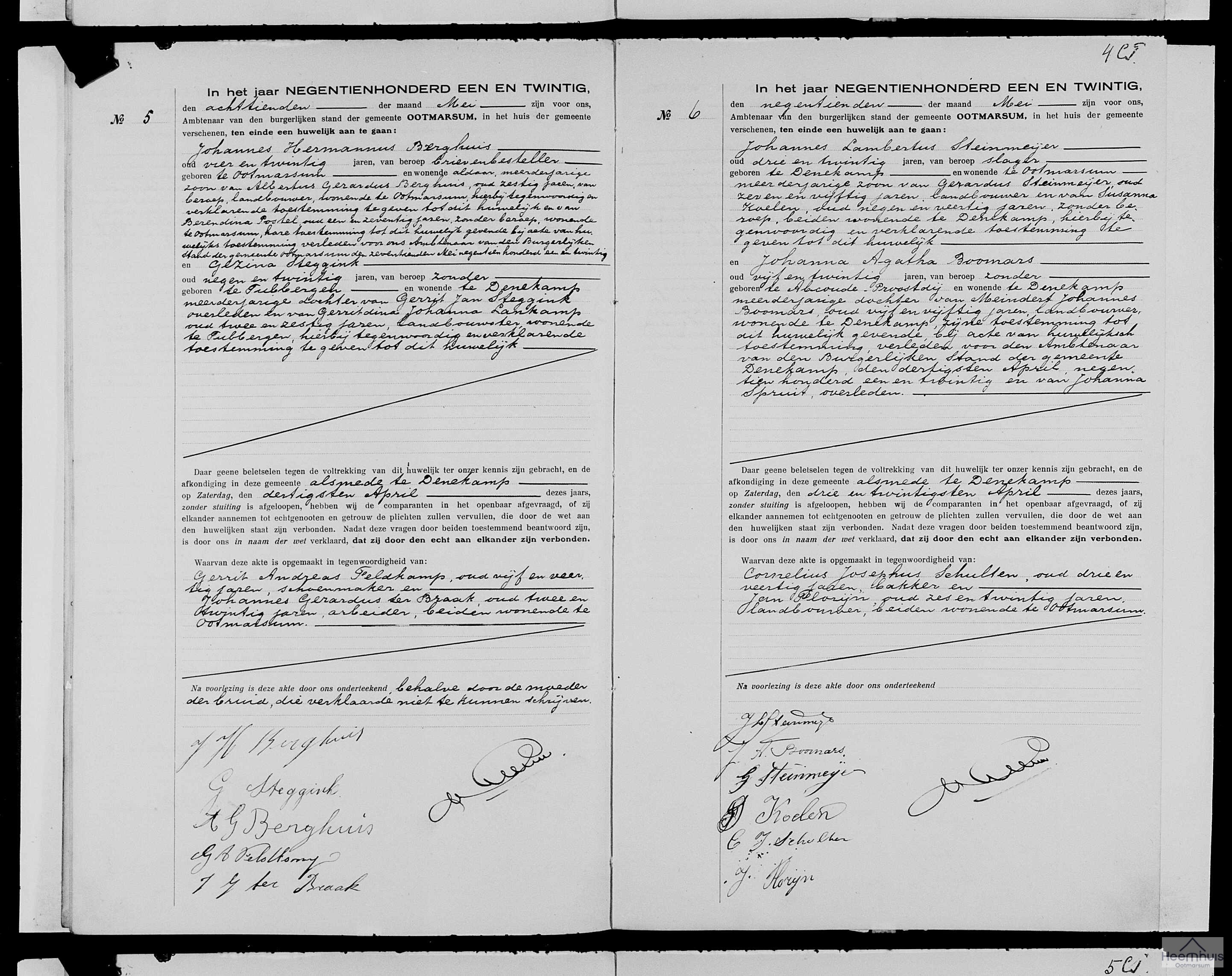 Huwelijksakte van Johannes Hermannus Berghuis en Gezina Steggink Huwelijksakte van Johannes Hermannus Berghuis en Gezina Steggink