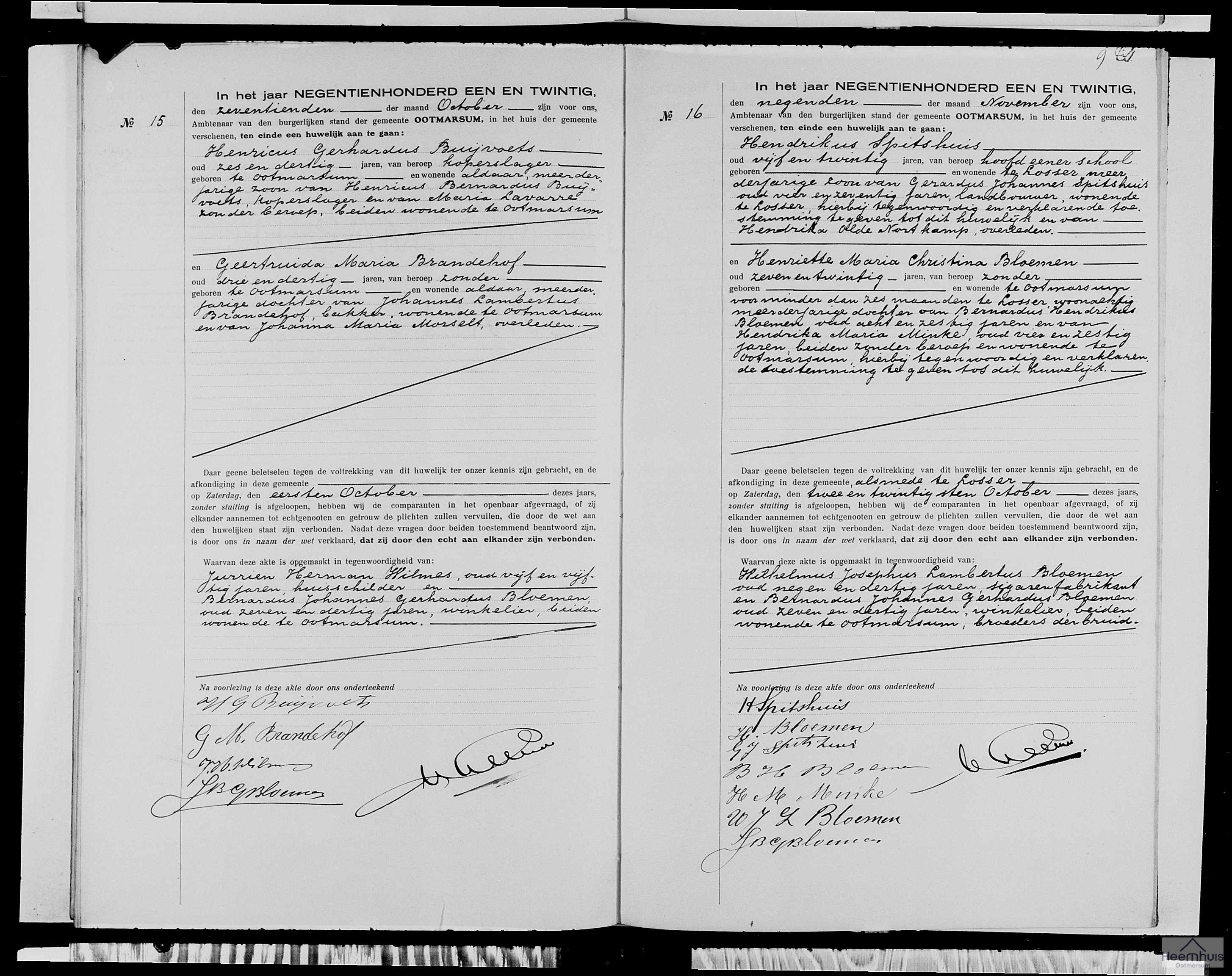 Huwelijksakte van Hendrikus Spitshuis en Henriette Maria Christina Bloemen Huwelijksakte van Hendrikus Spitshuis en Henriette Maria Christina Bloemen