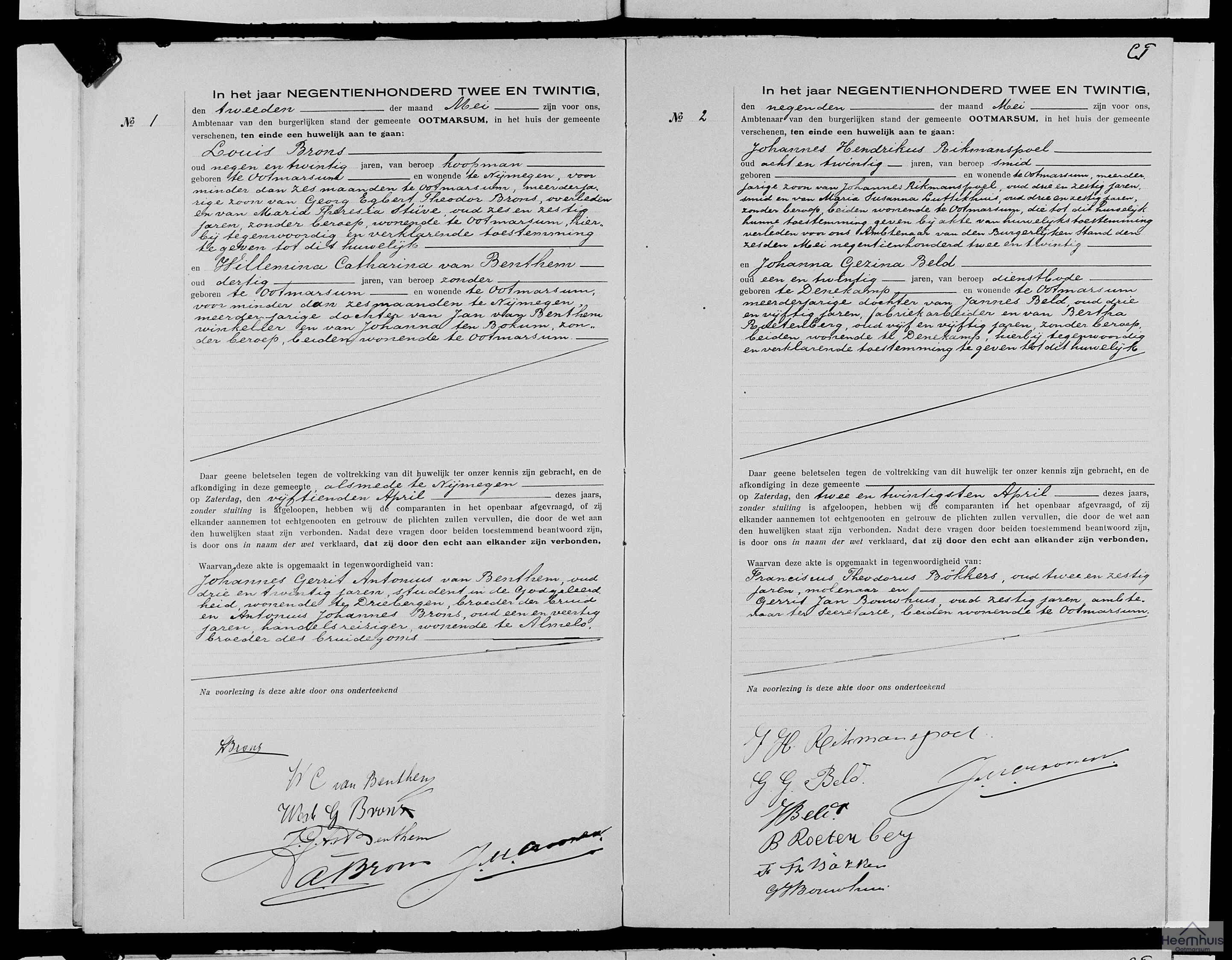 Huwelijksakte van Johannes Hendrikus Rikmanspoel en Johanna Gezina Beld