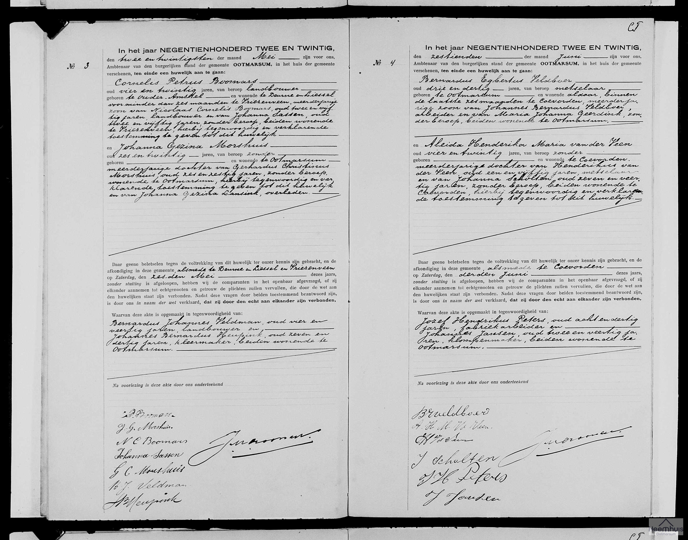 Huwelijksakte van Bernardus Egbertus Veldboer en Aleida Henderika Maria van der Veen