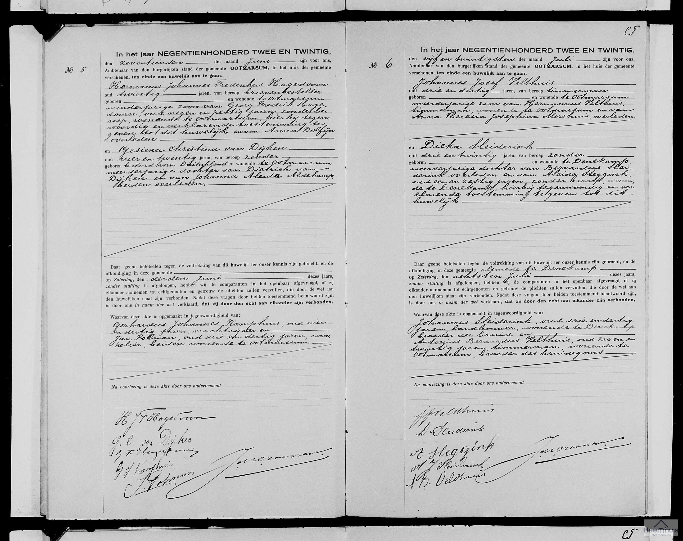 Huwelijksakte van Johannes Josef Velthuis en Dieka Sleiderink