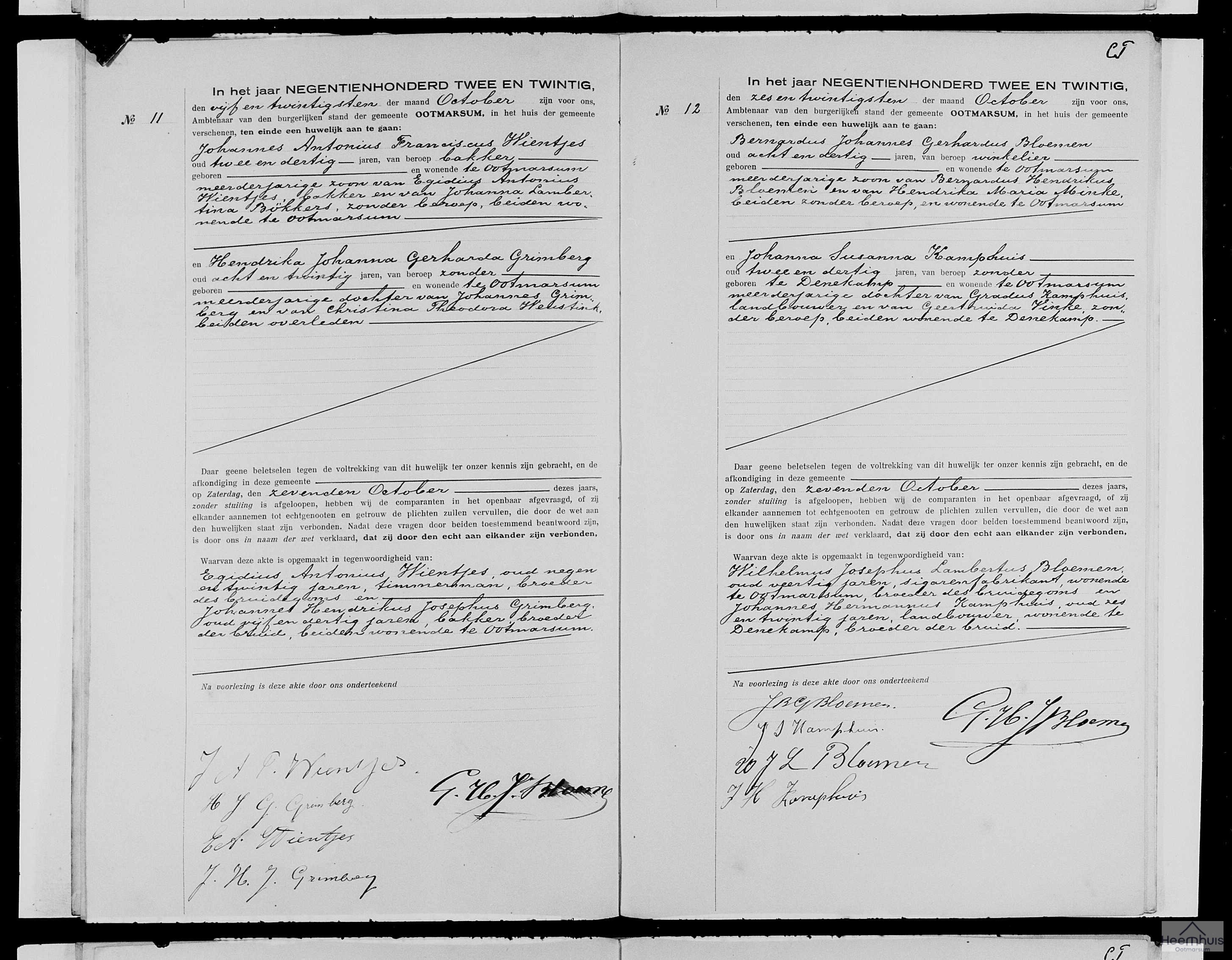 Huwelijksakte van Bernardus Johannes Gerhardus Bloemen en Johanna Susanna Kamphuis