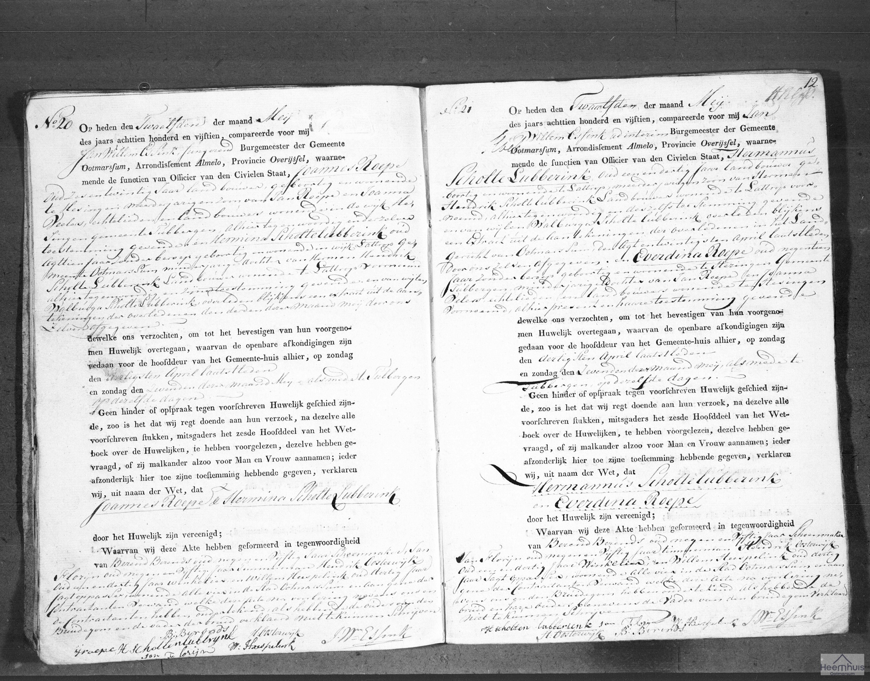 Huwelijksakte van Hermannus Scholte Lubberink en Everdina Roepe