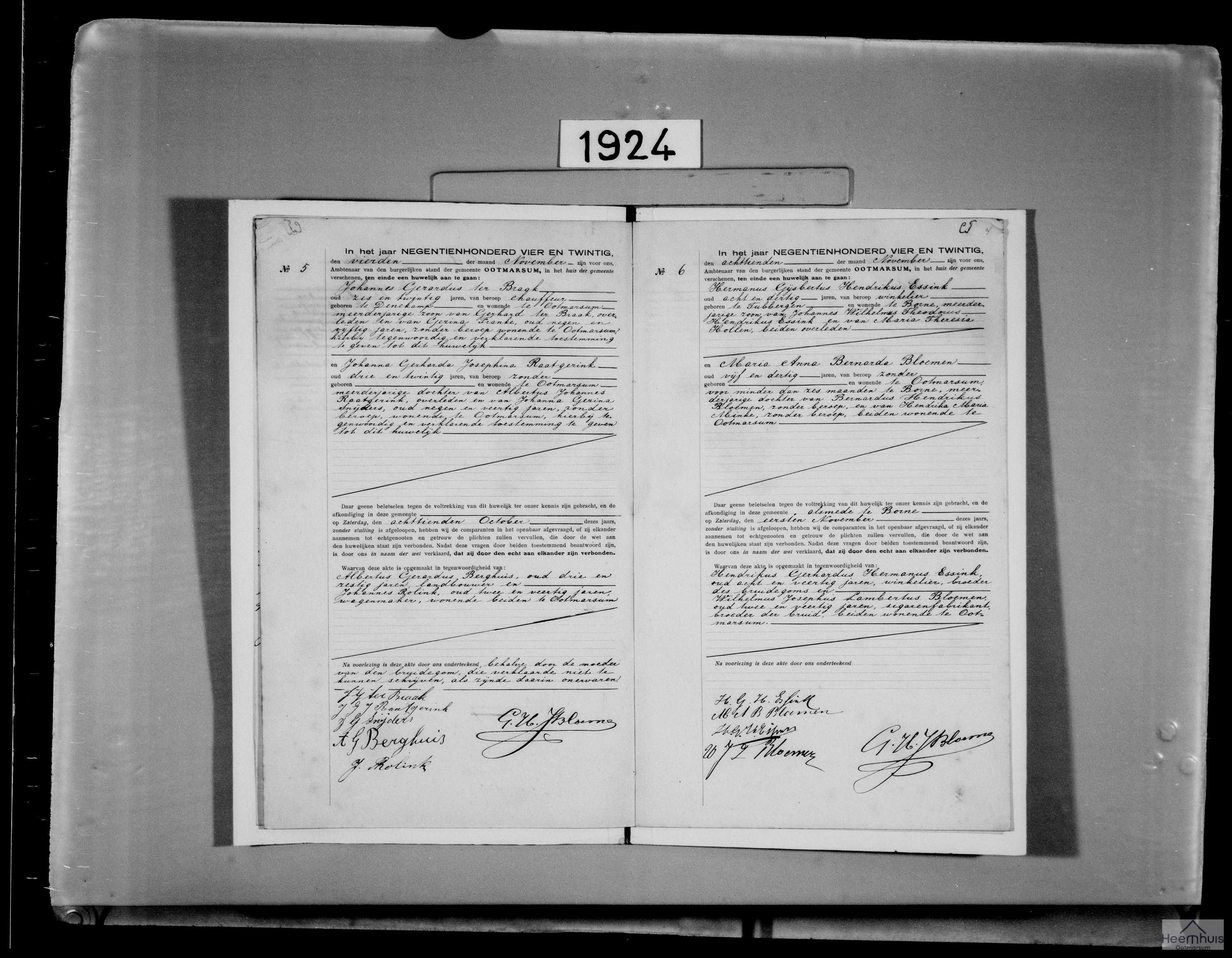 Huwelijksakte van Hermanus Gijsbertus Hendrikus Essink en Maria Anna Bernarda Bloemen