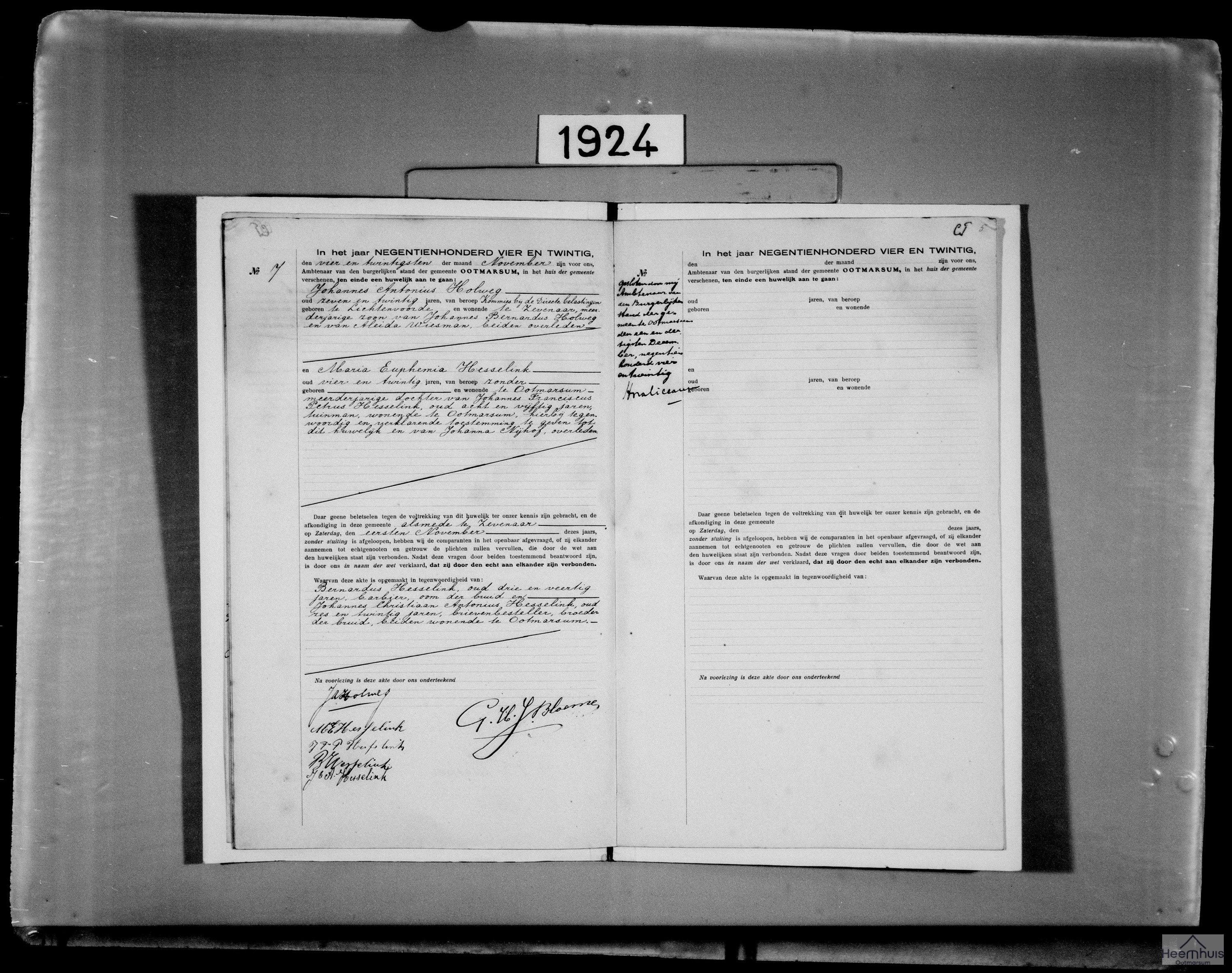 Huwelijksakte van Johannes Antonius Holweg en Maria Euphemia Hesselink