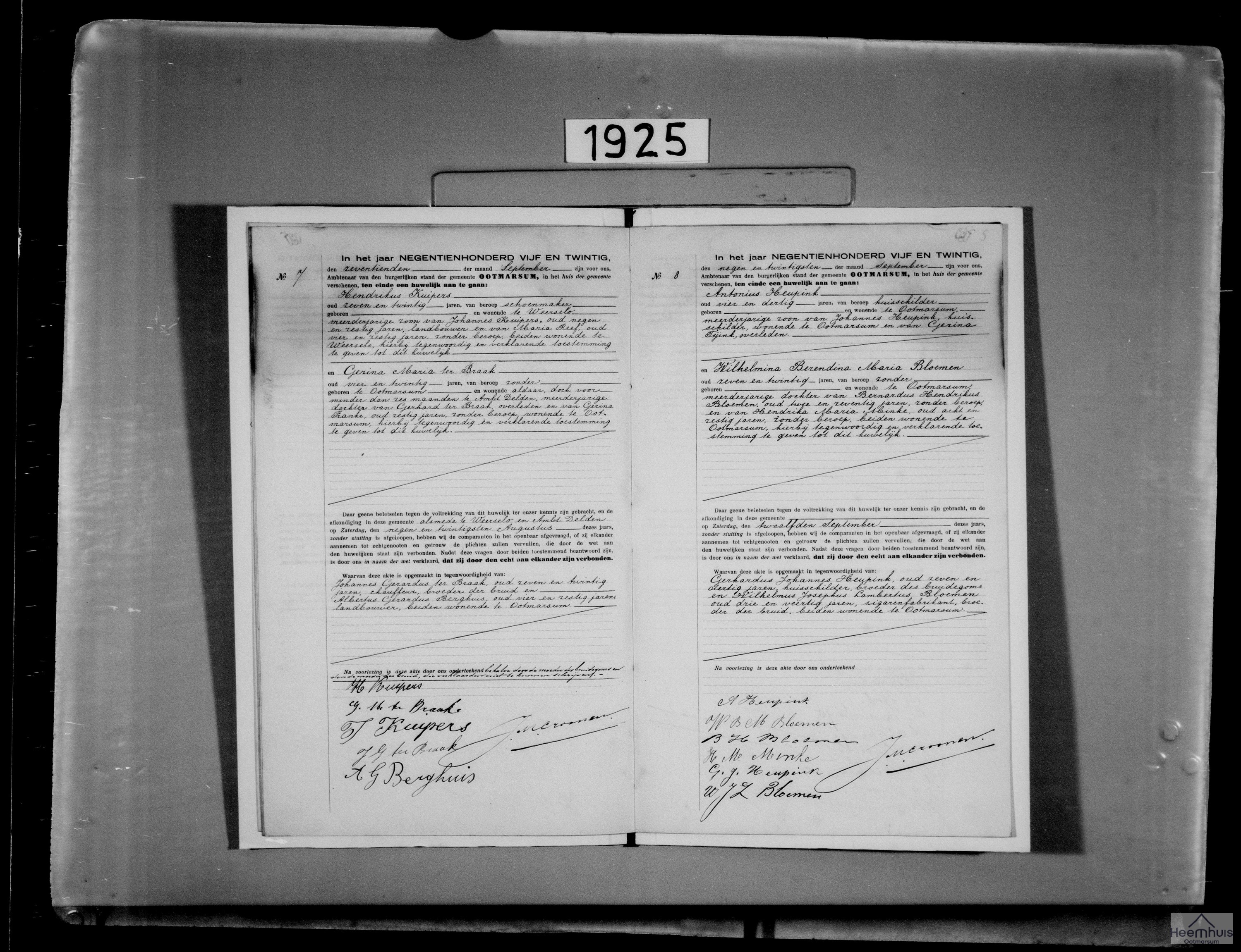 Huwelijksakte van Antonius Heupink en Wilhelmina Berendina Maria Bloemen