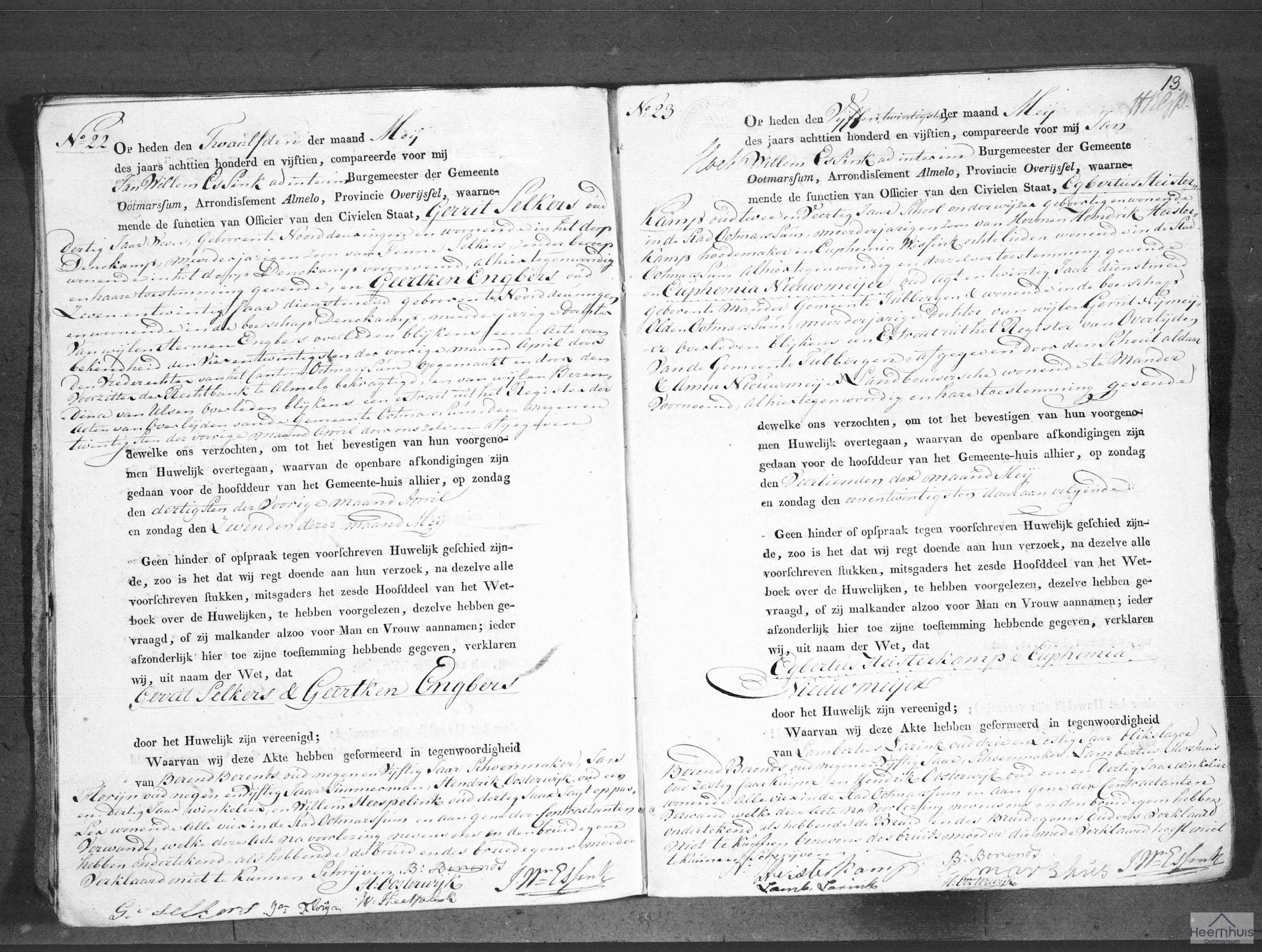 Huwelijksakte van Gerrit Selkers en Geertken Engbers