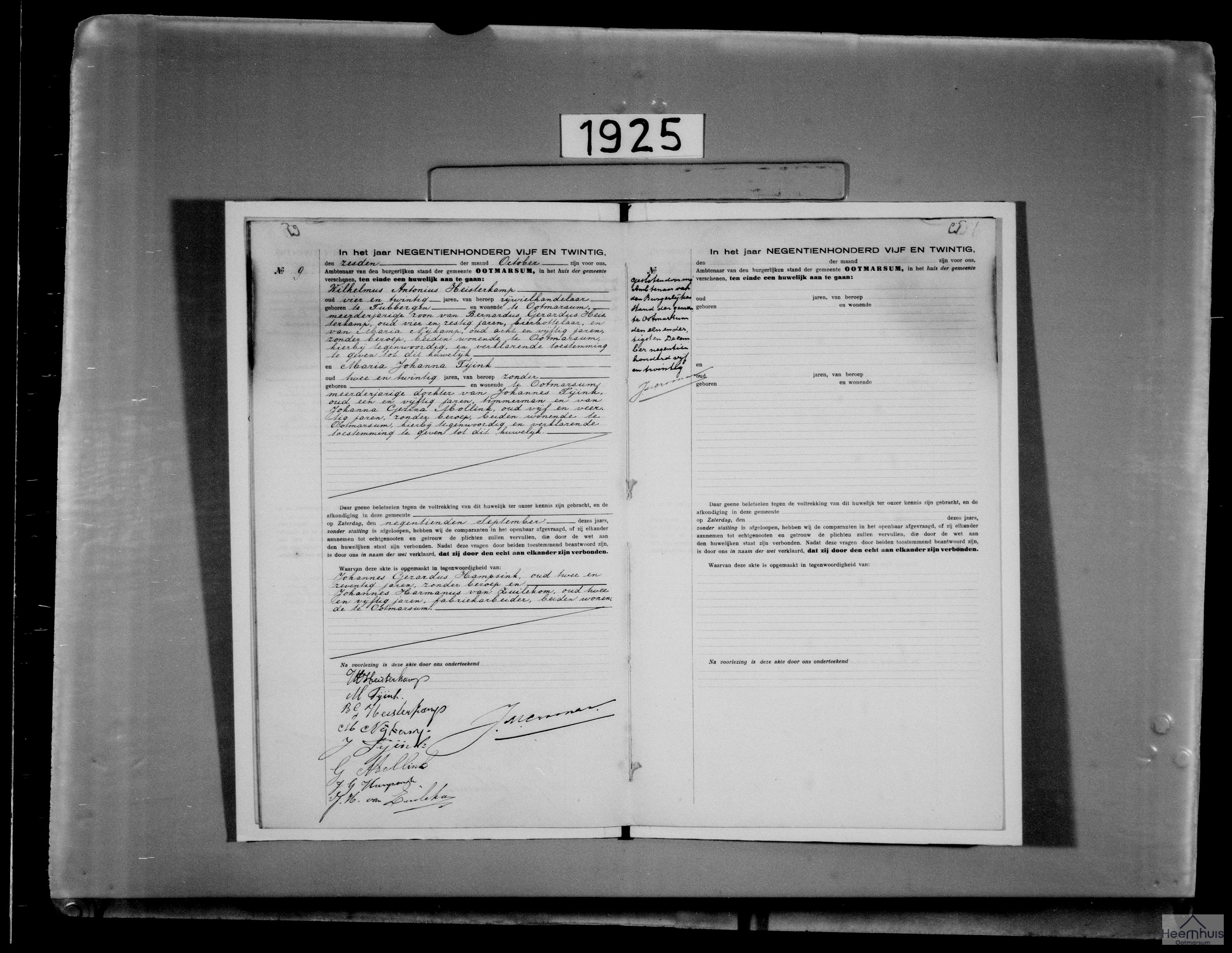 Huwelijksakte van Wilhelmus Antonius Heisterkamp en Maria Johanna Tijink