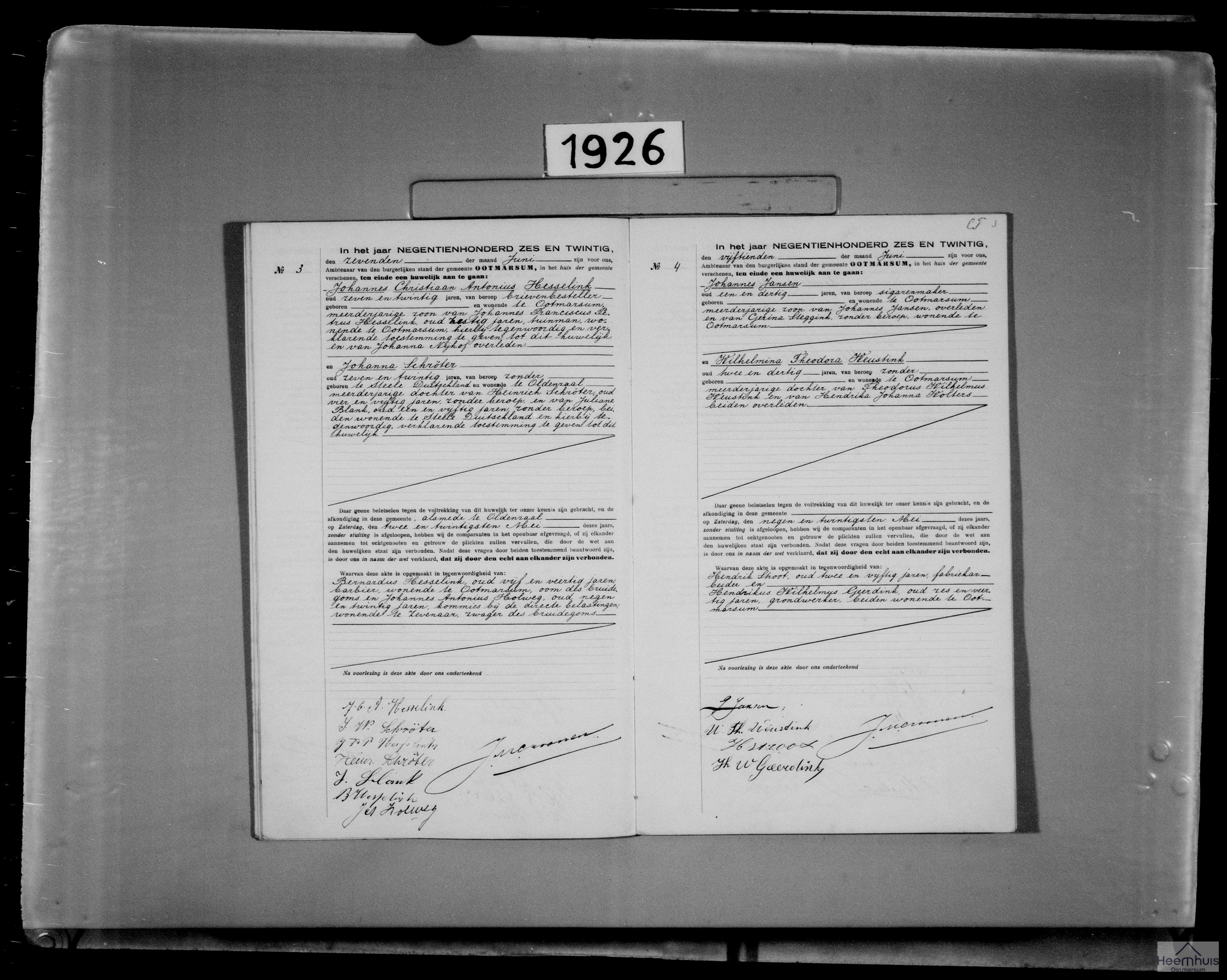 Huwelijksakte van Johannes Jansen en Wilhelmina Theodora Weustink