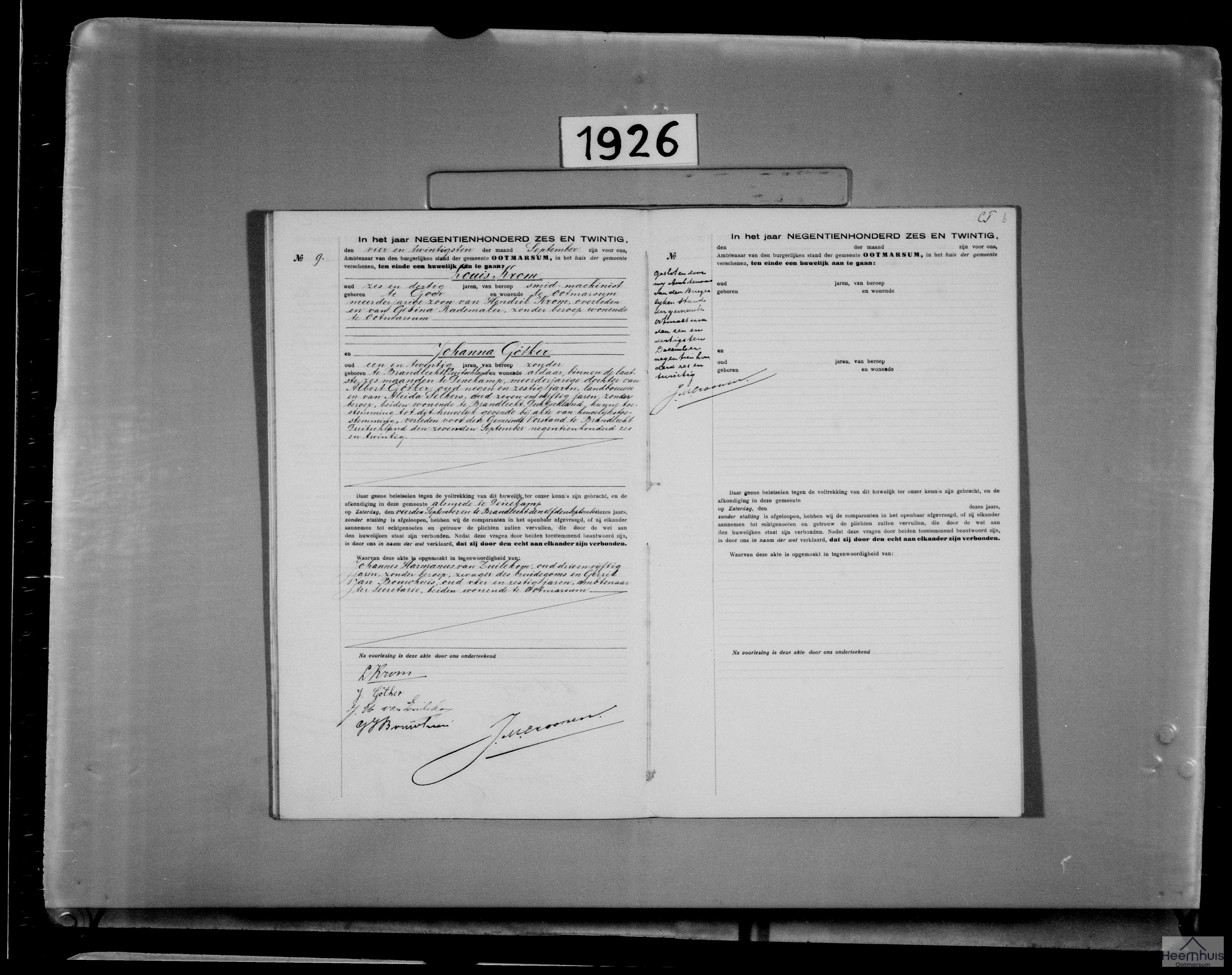 Huwelijksakte van Louis Krom en Johanna Götker