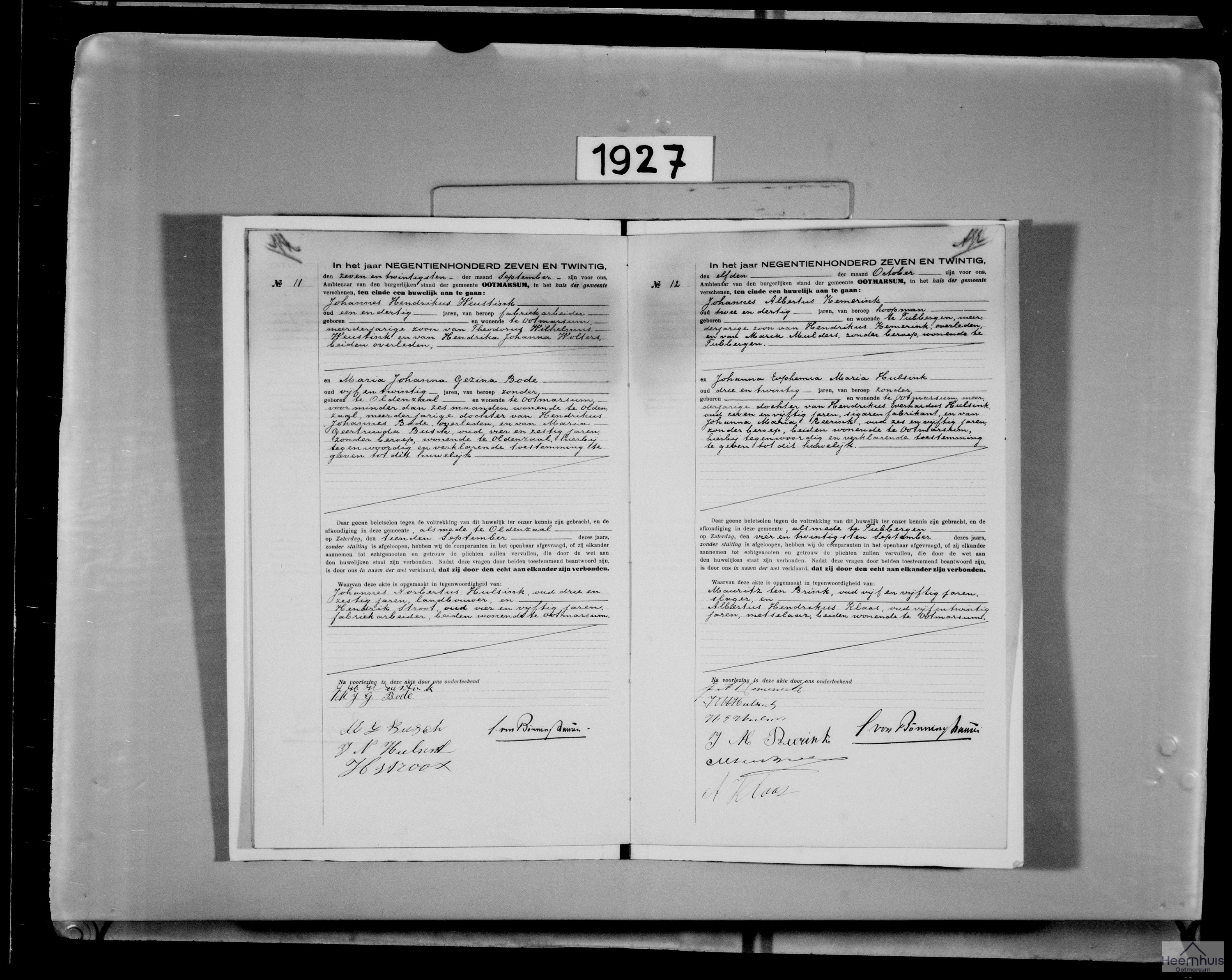 Huwelijksakte van Johannes Hendrikus Weustink en Maria Johanna Gezina Bode