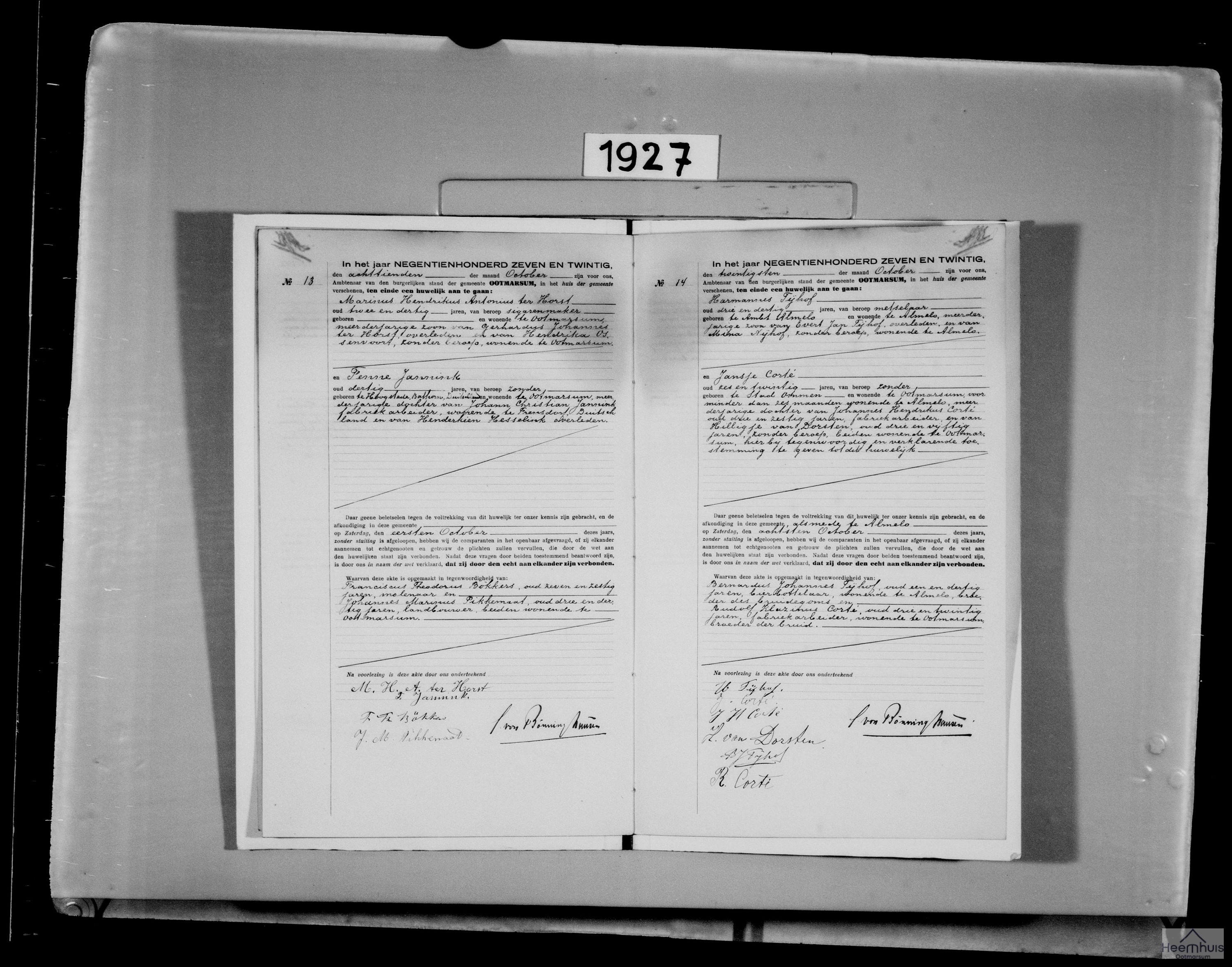 Huwelijksakte van Harmannus Tijhof en Jansje Corté