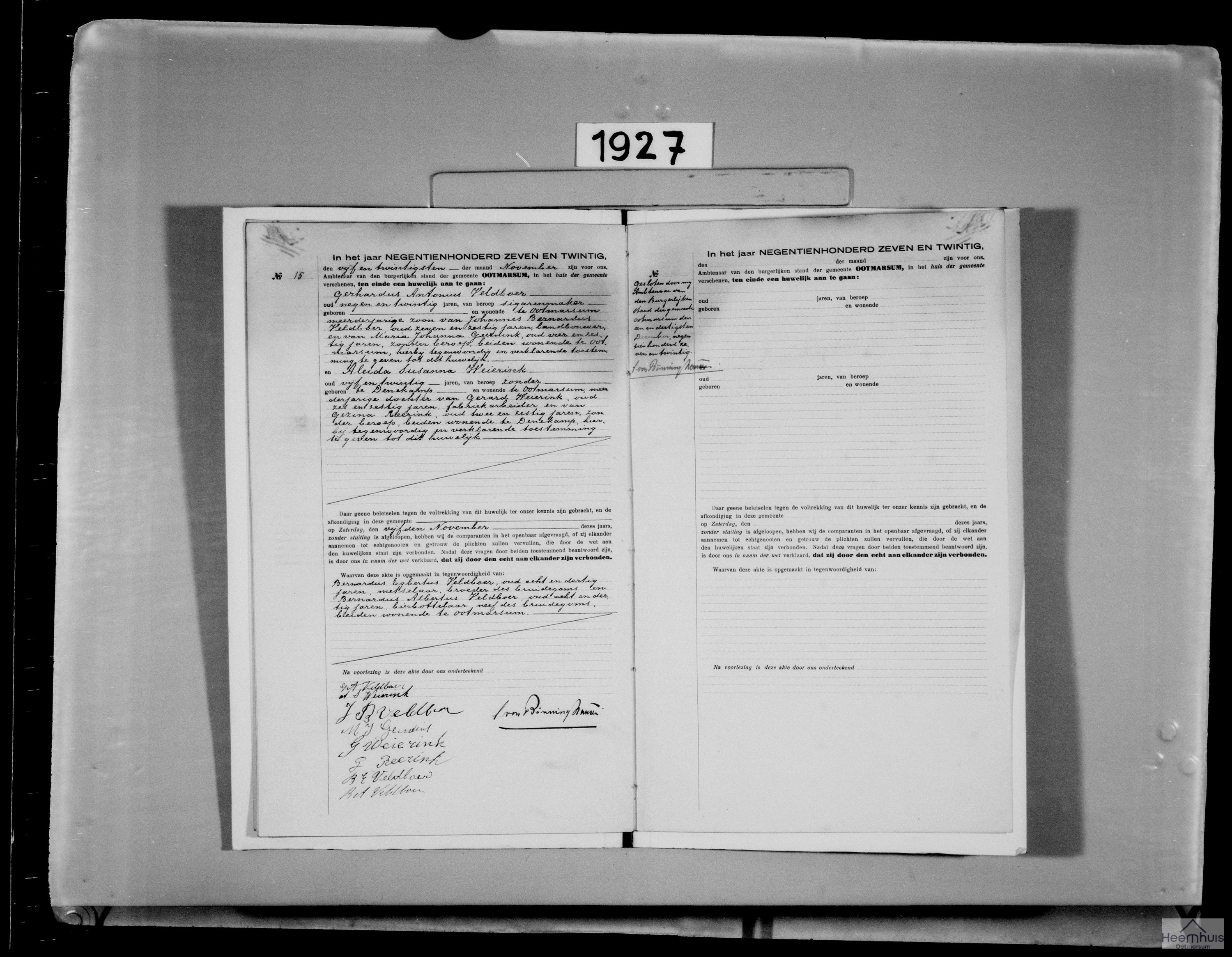Huwelijksakte van Gerhardus Antonius Veldboer en Aleida Susanna Weierink