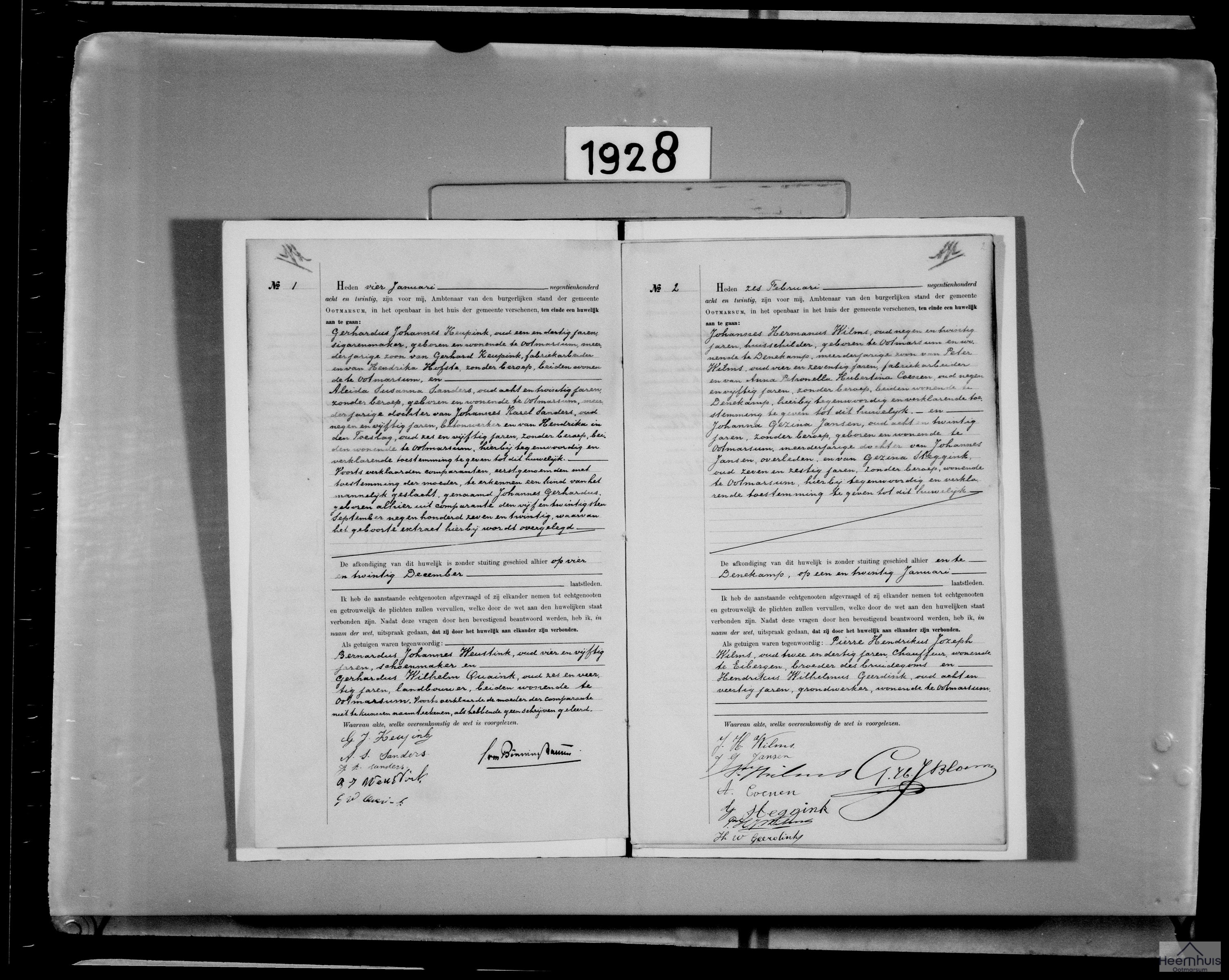 Huwelijksakte van Johannes Hermanus Wilms en Johanna Gezina Jansen
