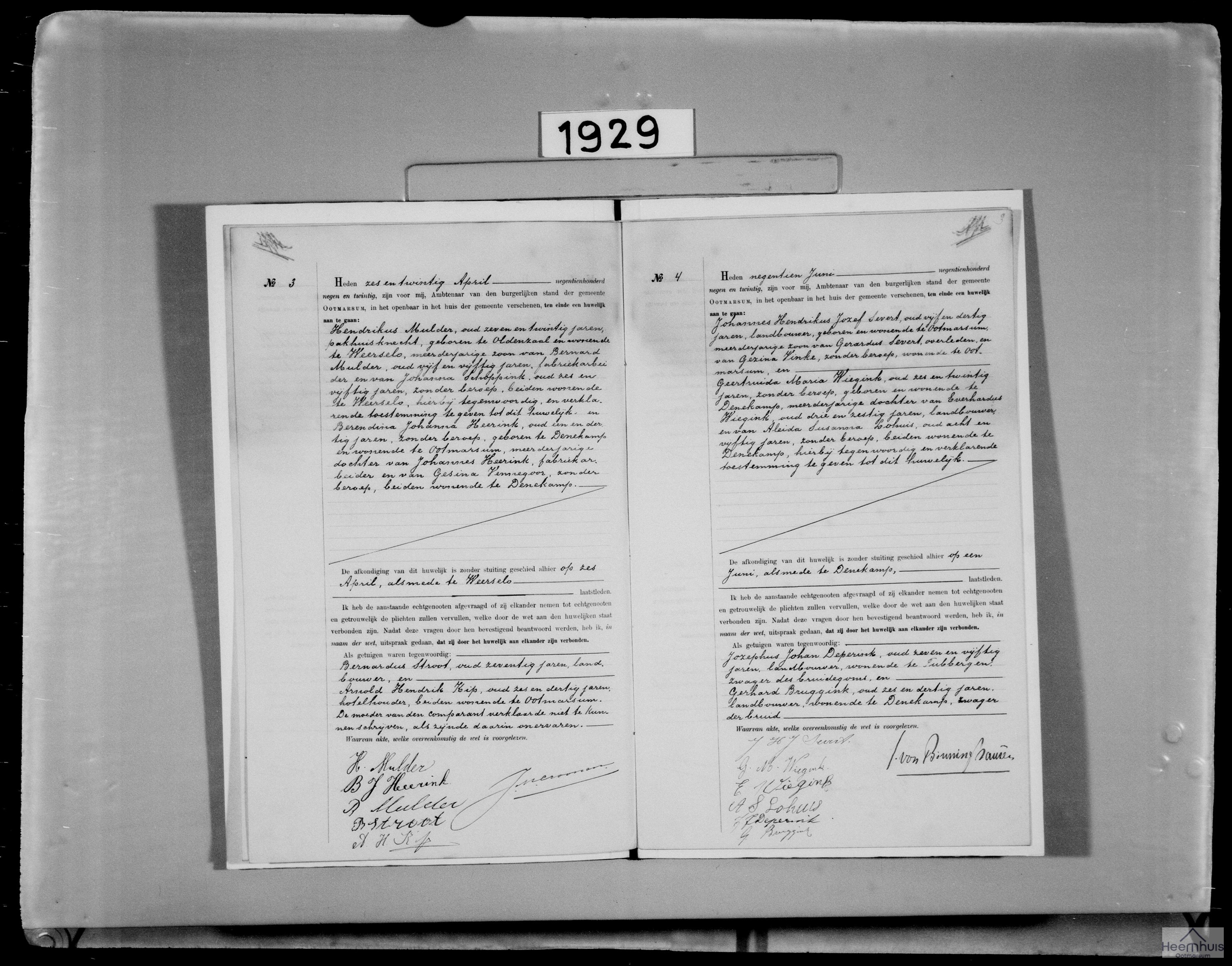 Huwelijksakte van Hendrikus Mulder en Berendina Johanna Heerink