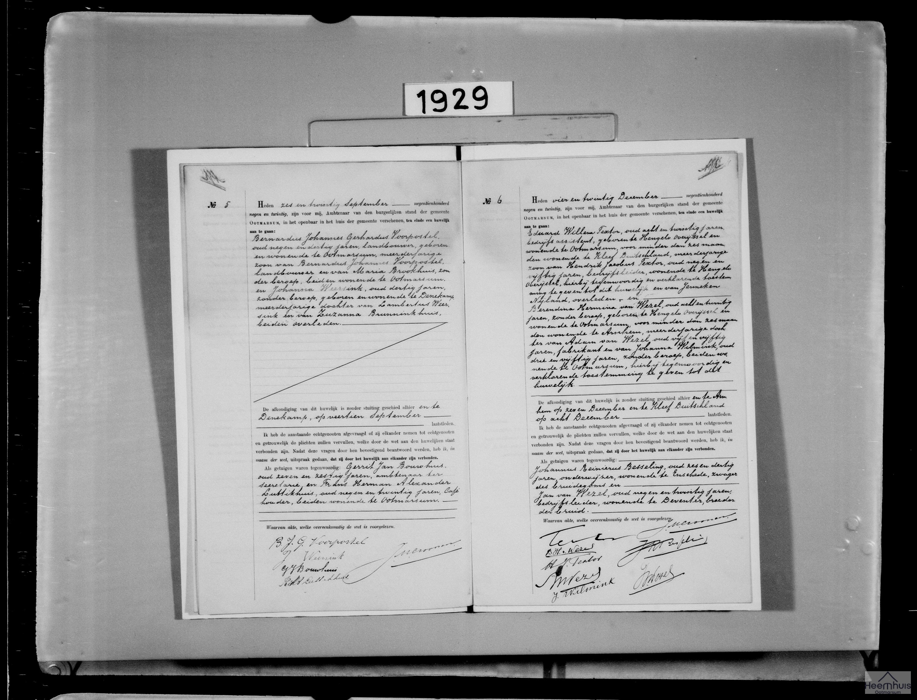 Huwelijksakte van Bernardus Johannes Gerhardus Voorpostel en Johanna Weersink