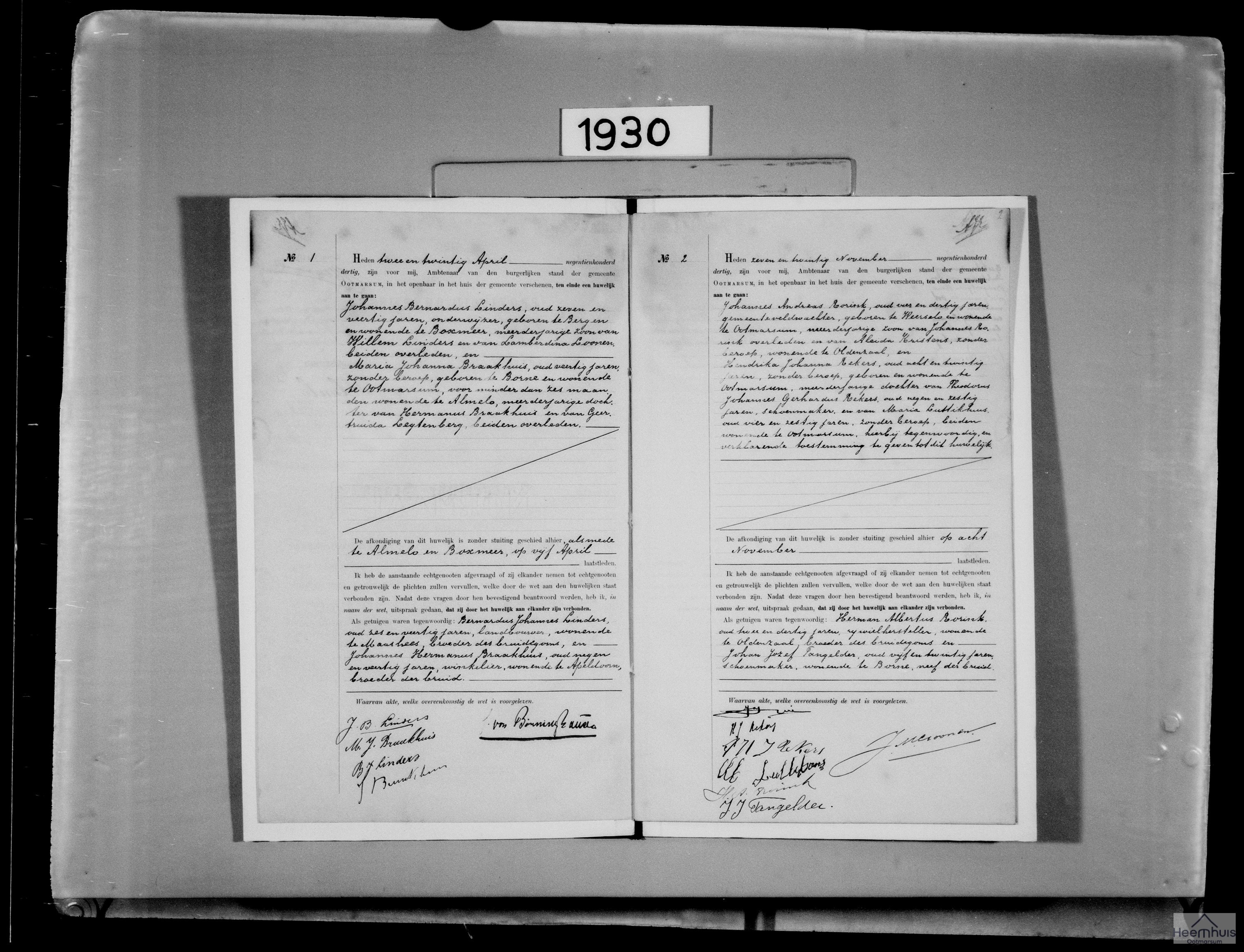 Huwelijksakte van Johannes Andreas Rorink en Hendrika Johanna Rekers