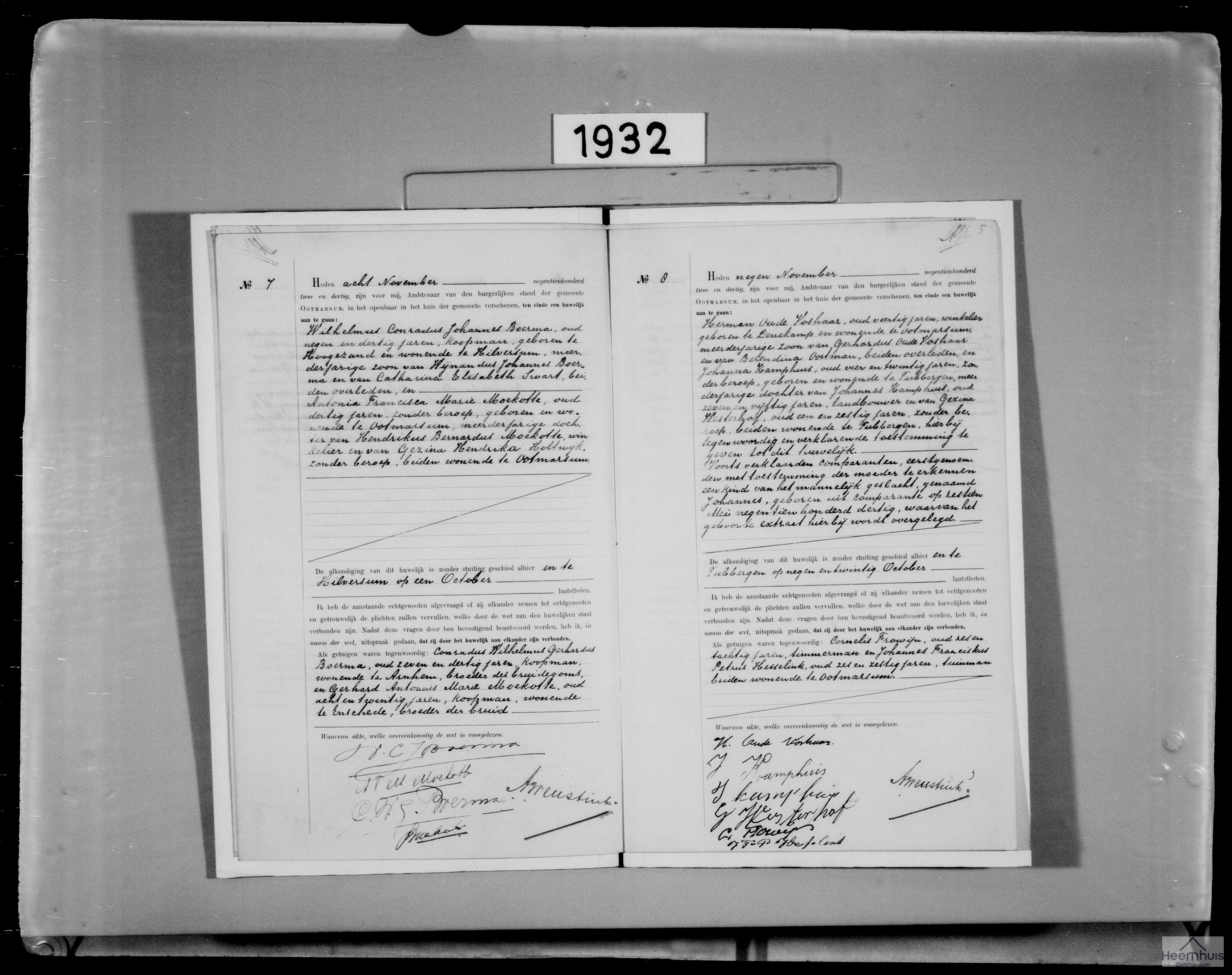 Huwelijksakte van Herman Oude Voshaar en Johanna Kamphuis